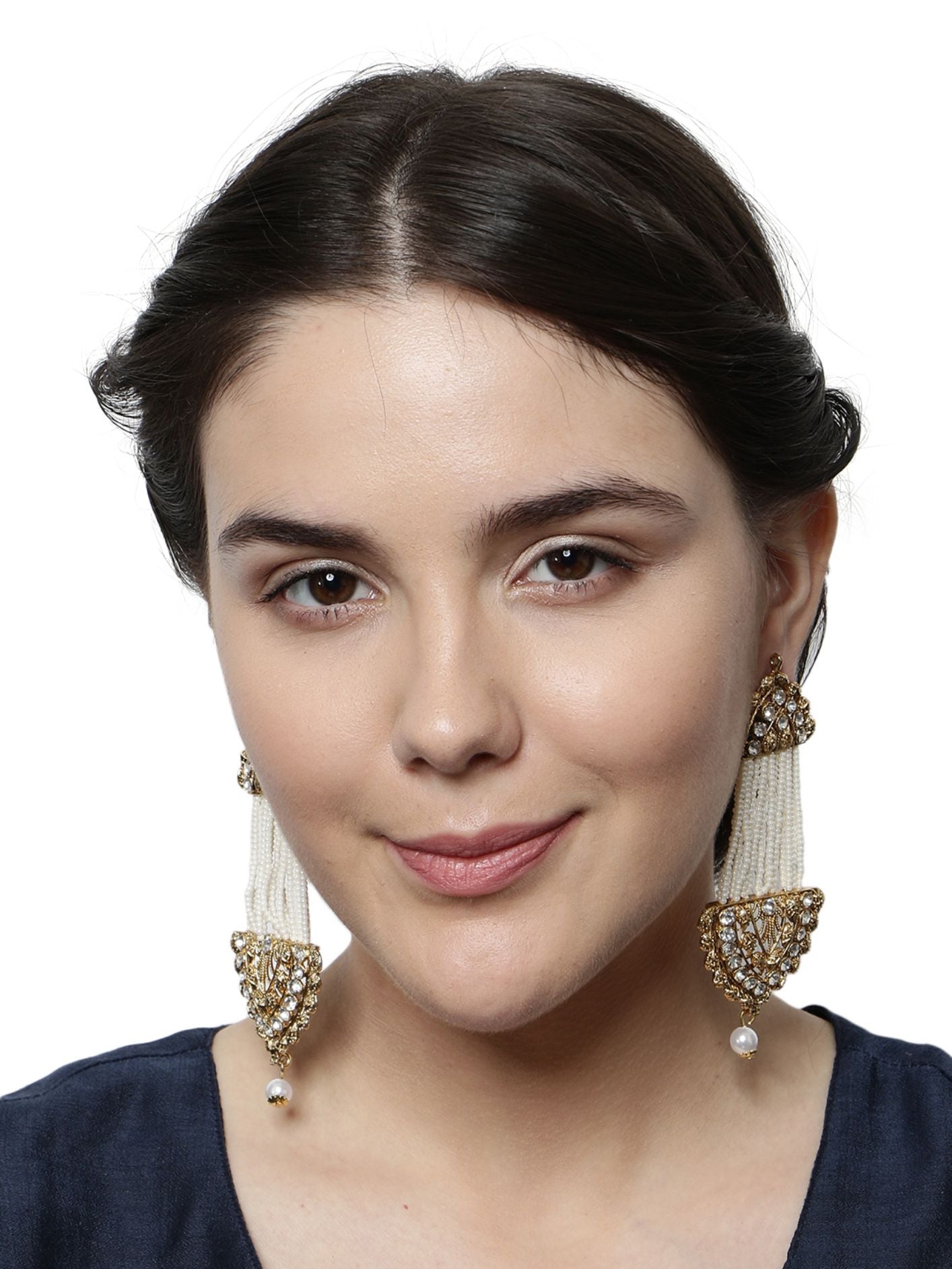 Women's White & Gold-Plated Handcrafted Kundan Pearl Studded Multistrand Earrings