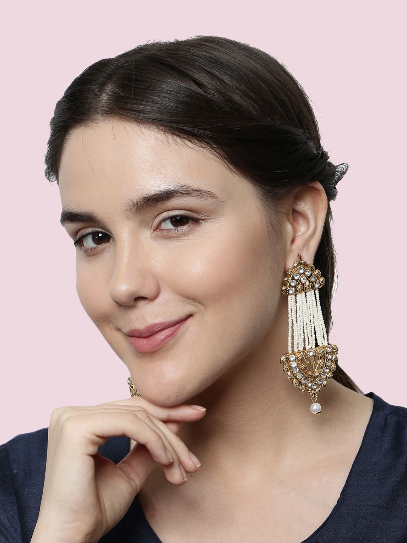 Women's White & Gold-Plated Handcrafted Kundan Pearl Studded Multistrand Earrings