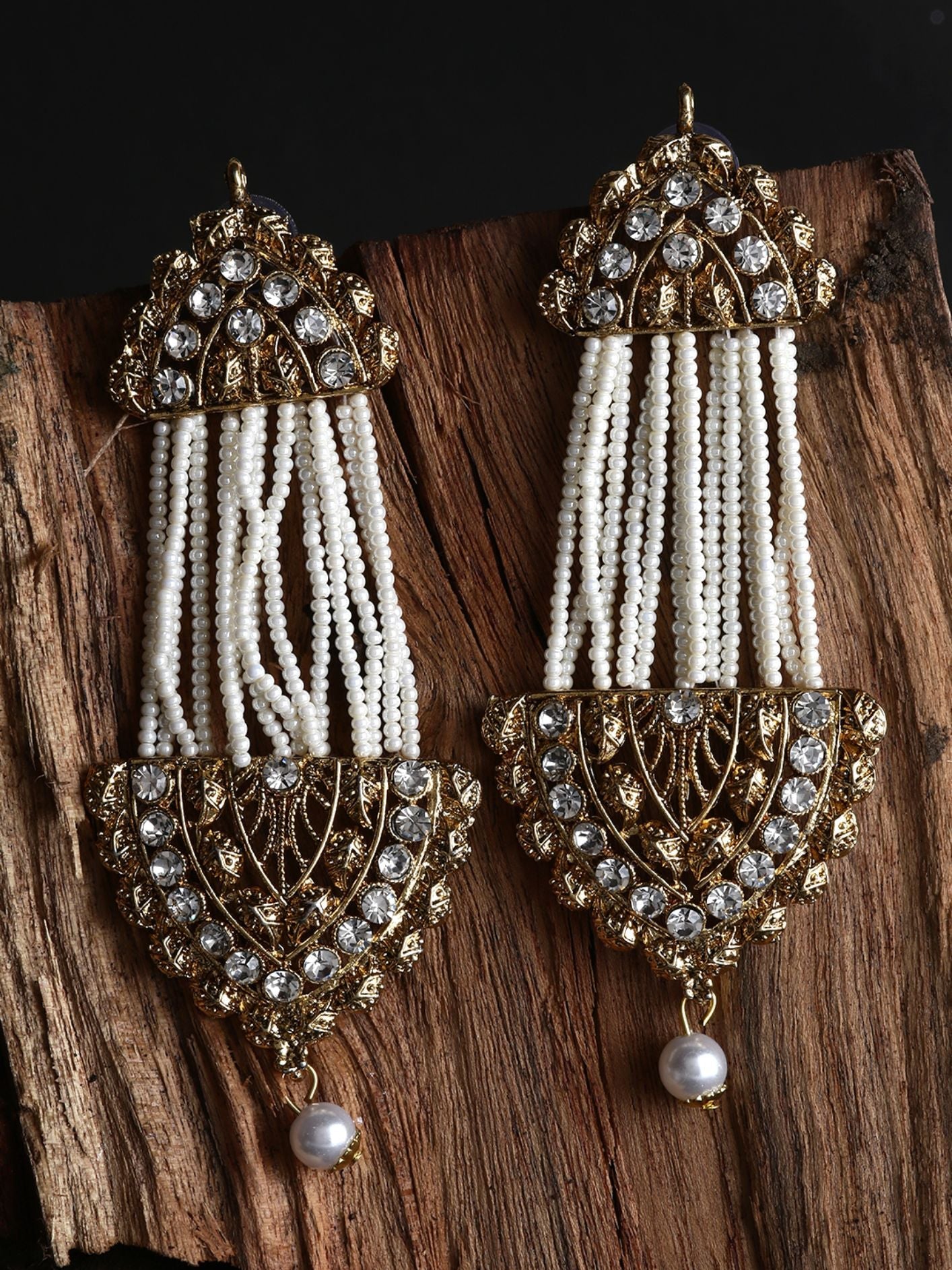 Women's White & Gold-Plated Handcrafted Kundan Pearl Studded Multistrand Earrings