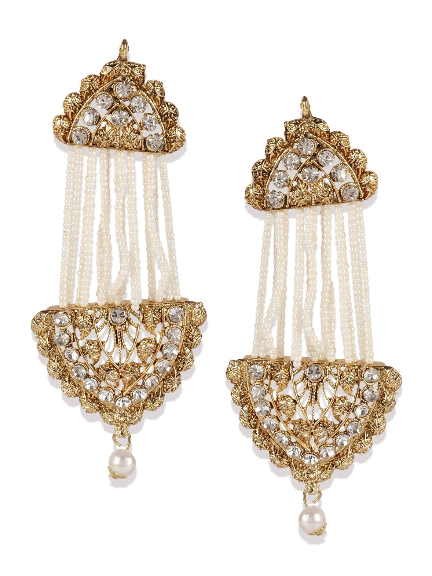 Women's White & Gold-Plated Handcrafted Kundan Pearl Studded Multistrand Earrings - Anikas Creation