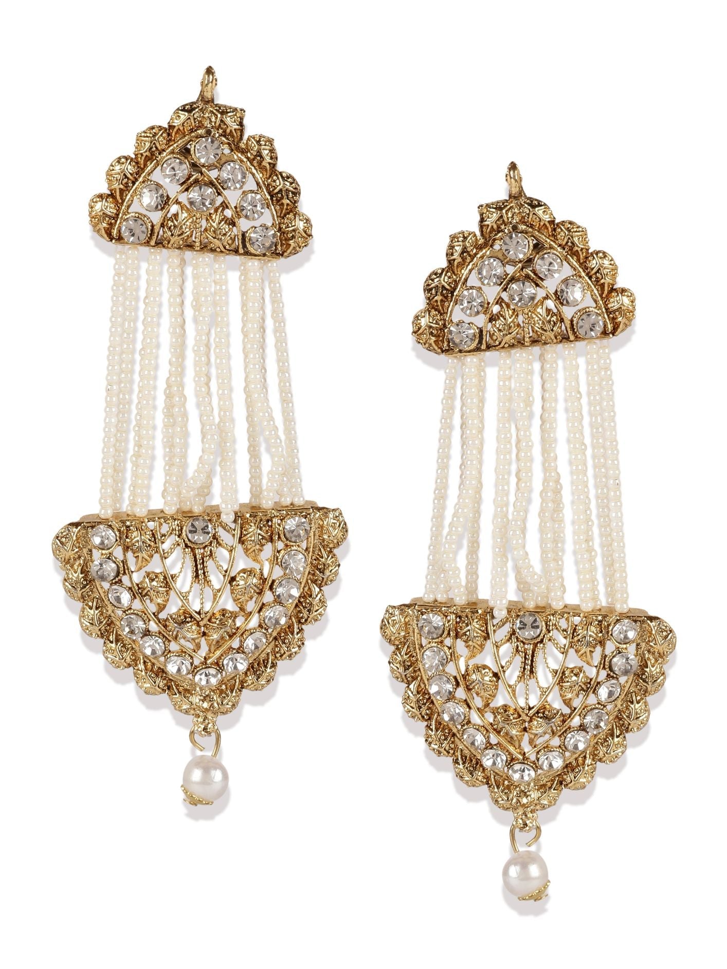 Women's White & Gold-Plated Handcrafted Kundan Pearl Studded Multistrand Earrings