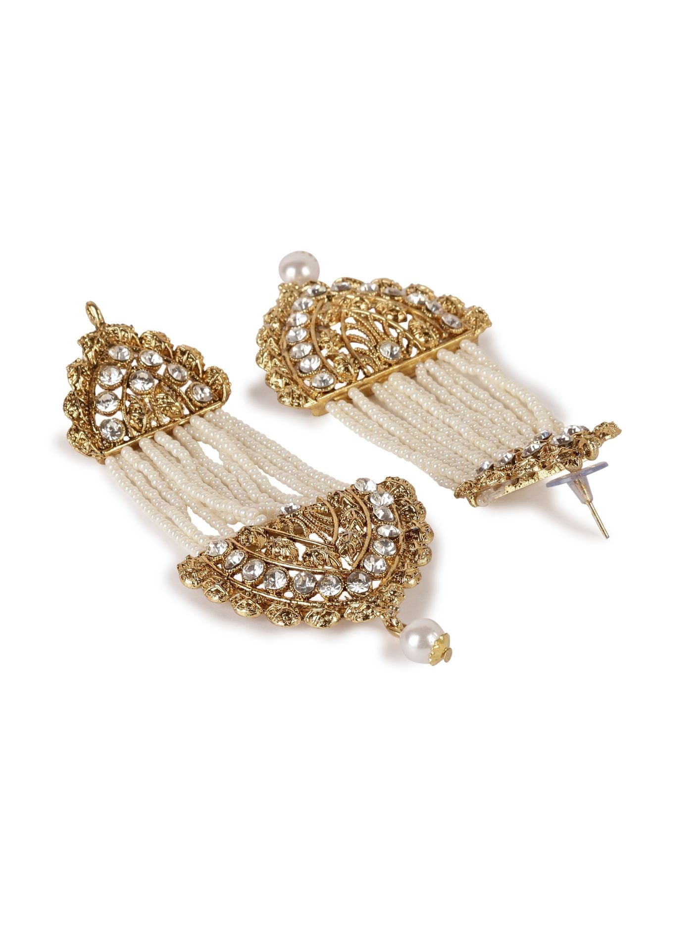 Women's White & Gold-Plated Handcrafted Kundan Pearl Studded Multistrand Earrings