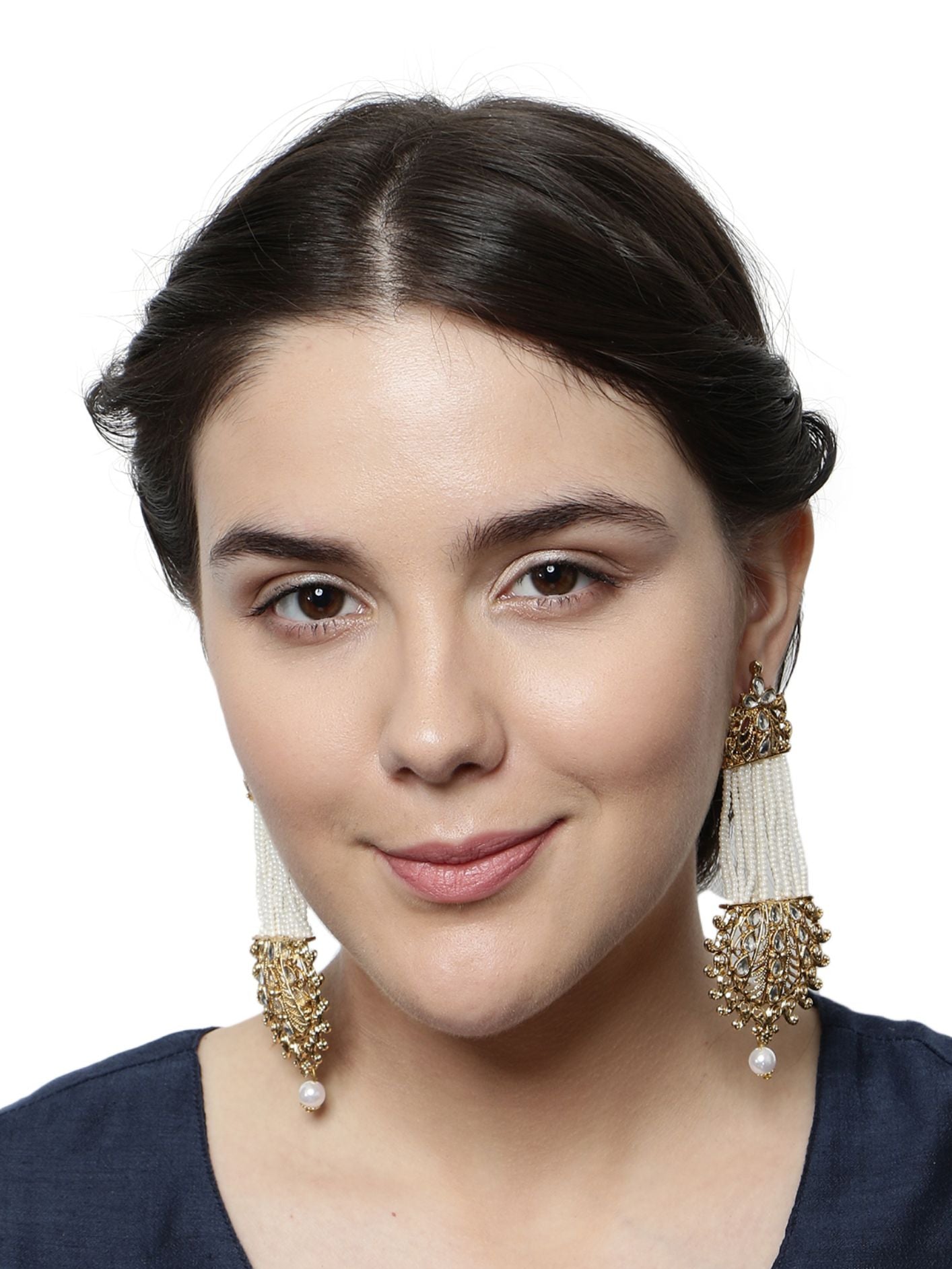 Women's White & Gold-Plated Handcrafted Kundan Pearl Studded Multistrand Earrings