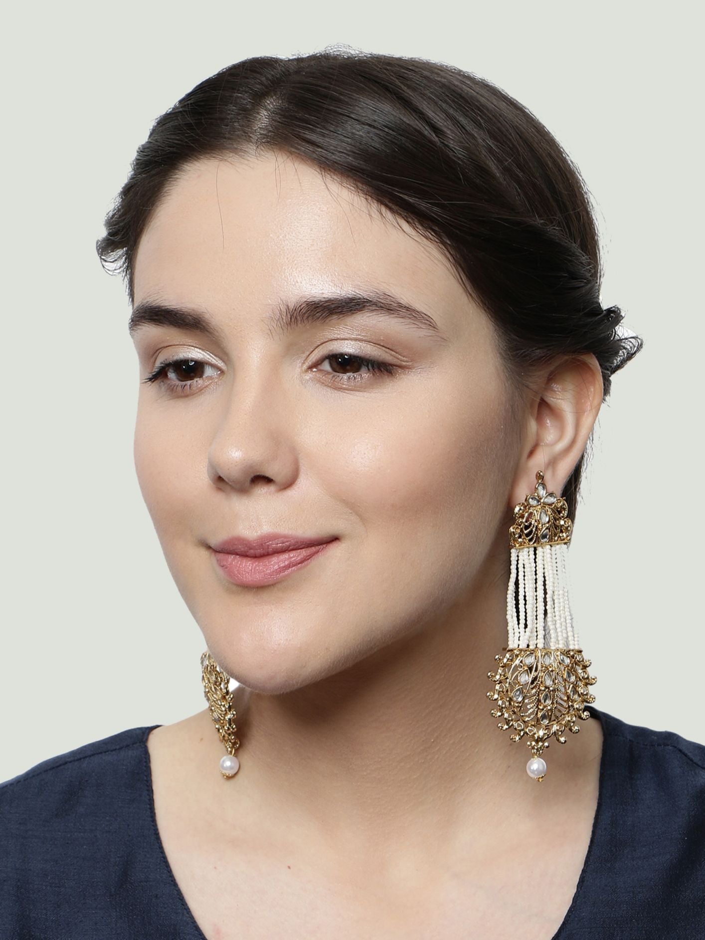 Women's White & Gold-Plated Handcrafted Kundan Pearl Studded Multistrand Earrings