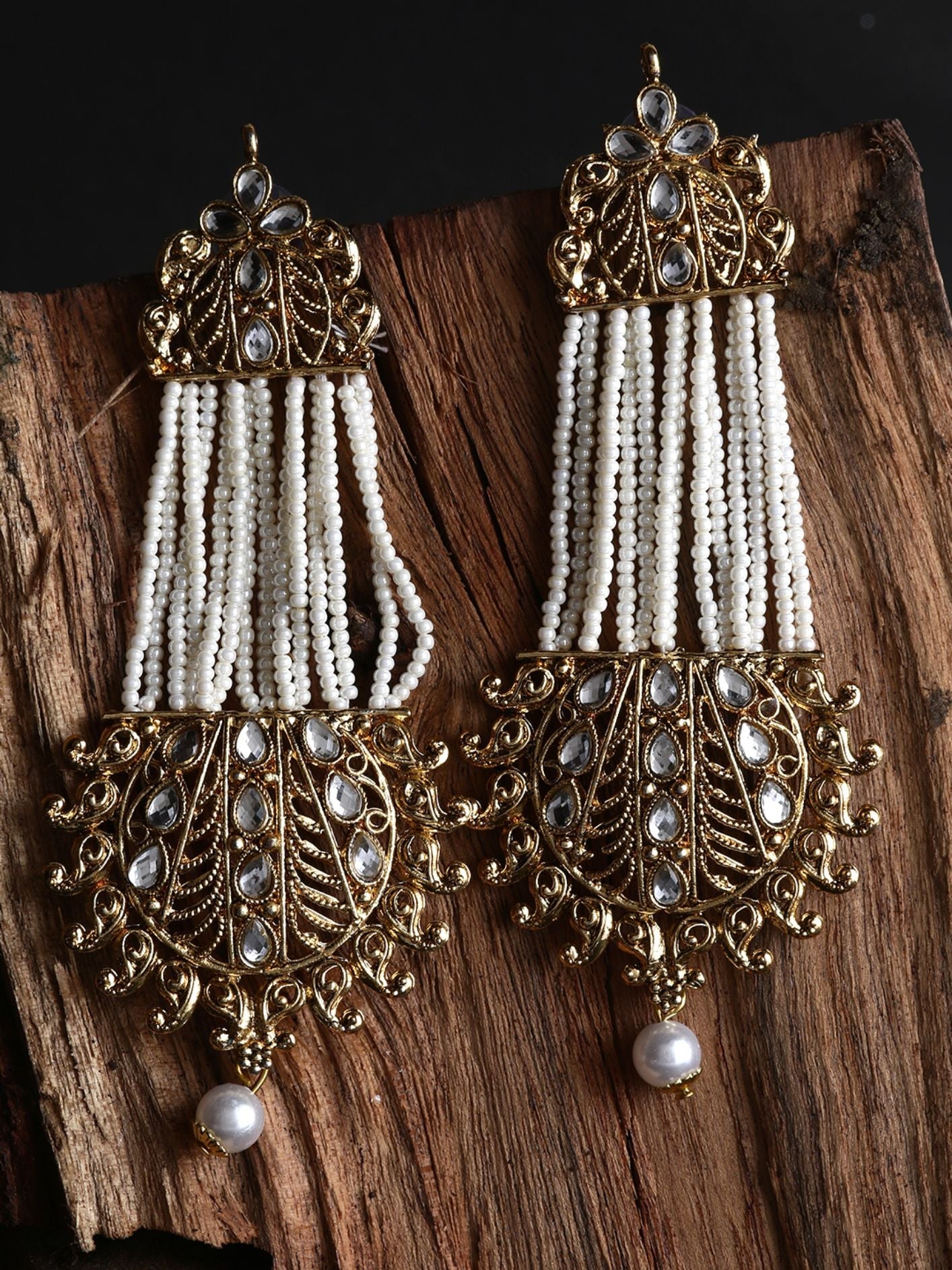 Women's White & Gold-Plated Handcrafted Kundan Pearl Studded Multistrand Earrings