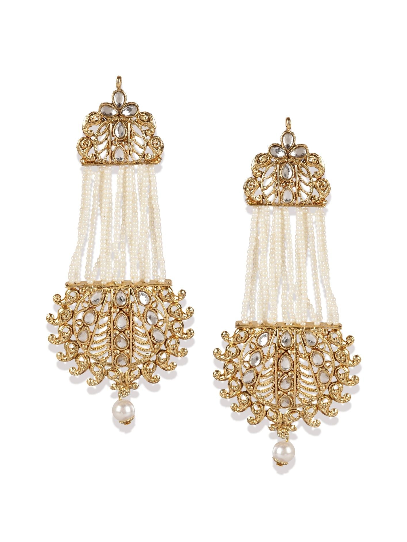 Women's White & Gold-Plated Handcrafted Kundan Pearl Studded Multistrand Earrings