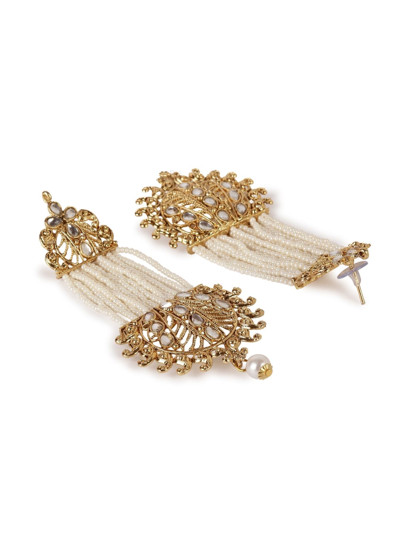 Women's White & Gold-Plated Handcrafted Kundan Pearl Studded Multistrand Earrings