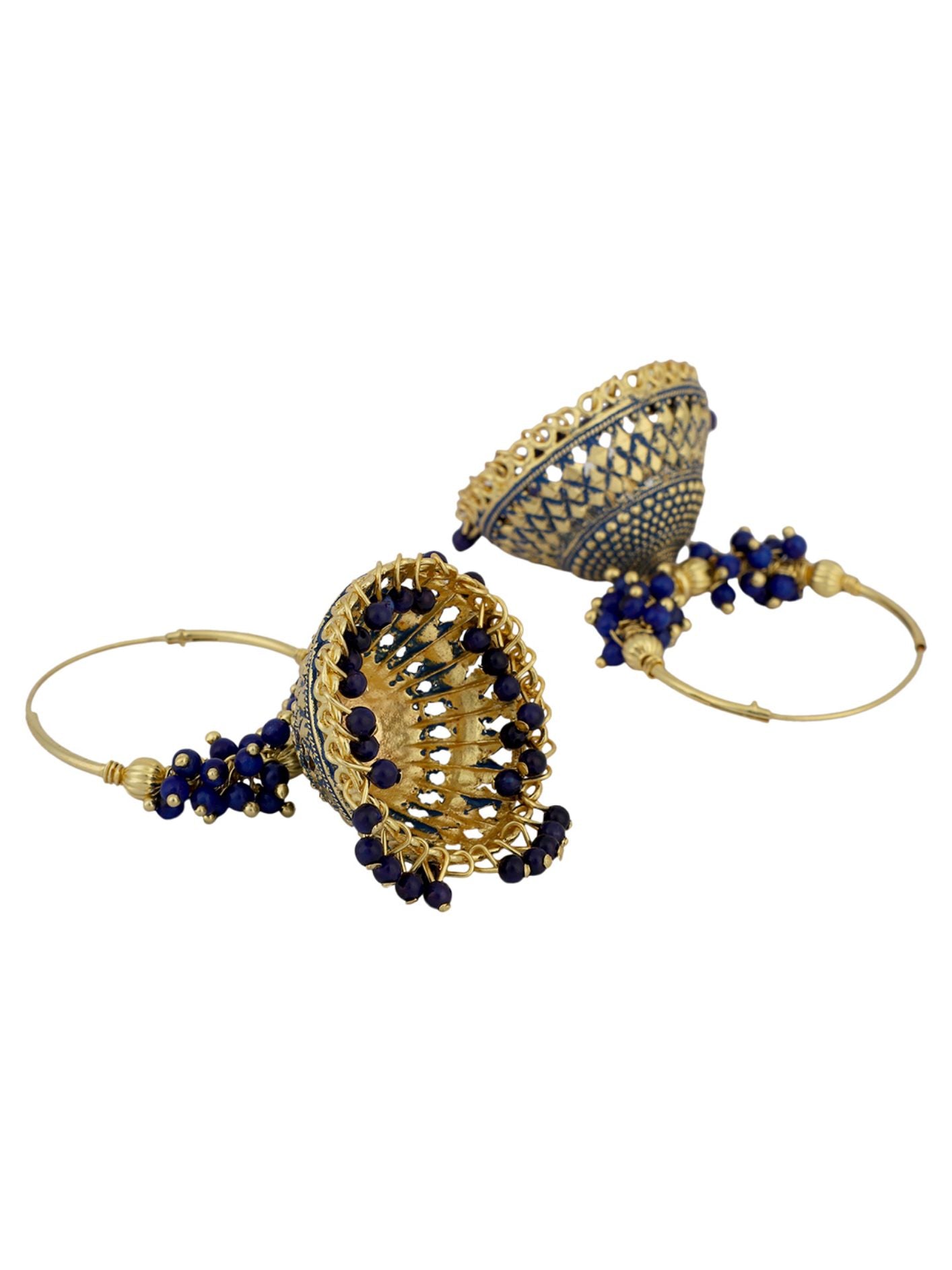 Women's Traditonal Gold Plated Enamelled Blue Dome Shape Jhumki With Bali - Anikas Creation