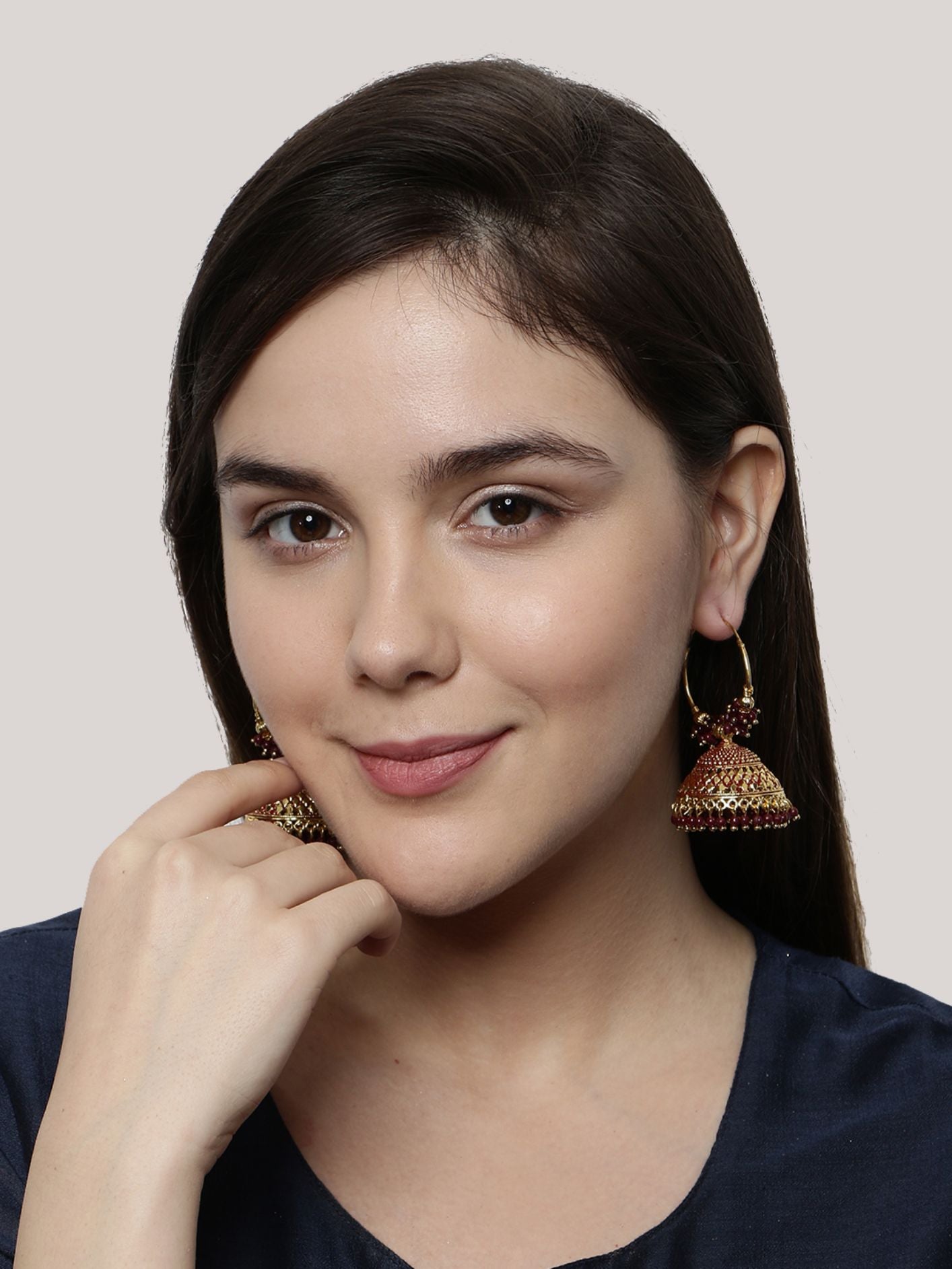 Women's Maroon & Gold-Plated Enamelled Dome Shaped Jhumkas