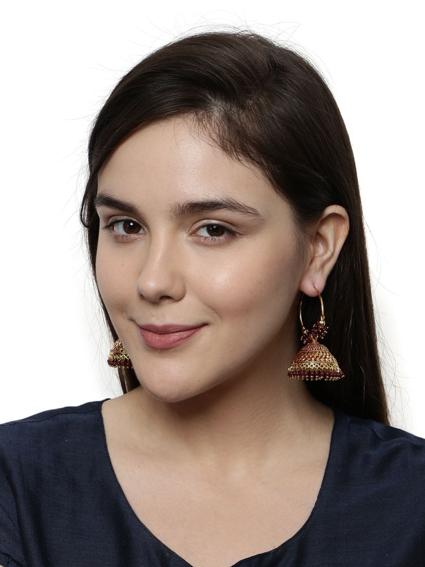 Women's Maroon & Gold-Plated Enamelled Dome Shaped Jhumkas