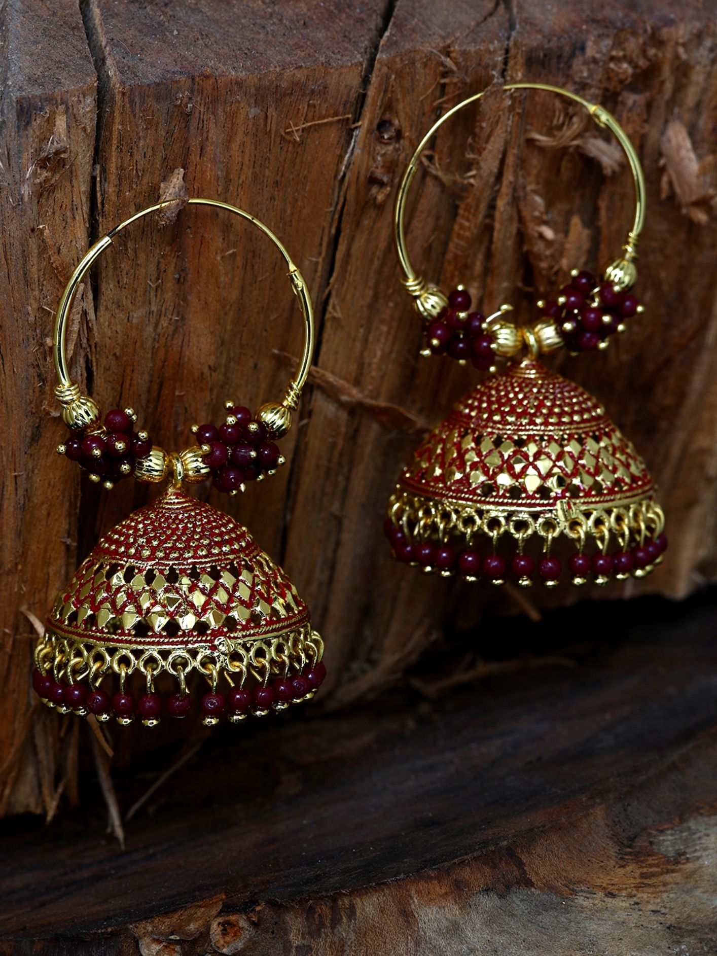 Women's Maroon & Gold-Plated Enamelled Dome Shaped Jhumkas