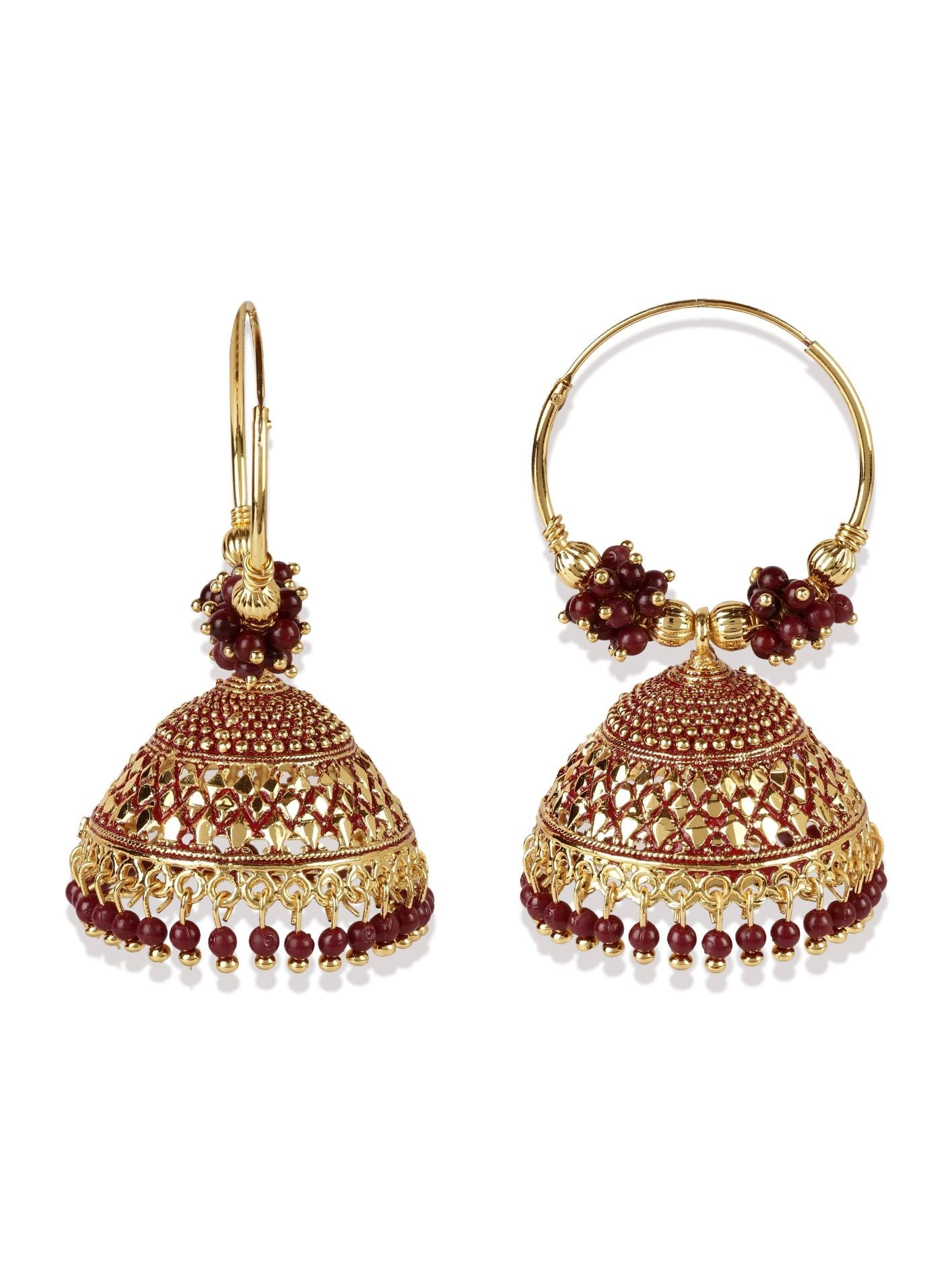 Women's Maroon & Gold-Plated Enamelled Dome Shaped Jhumkas