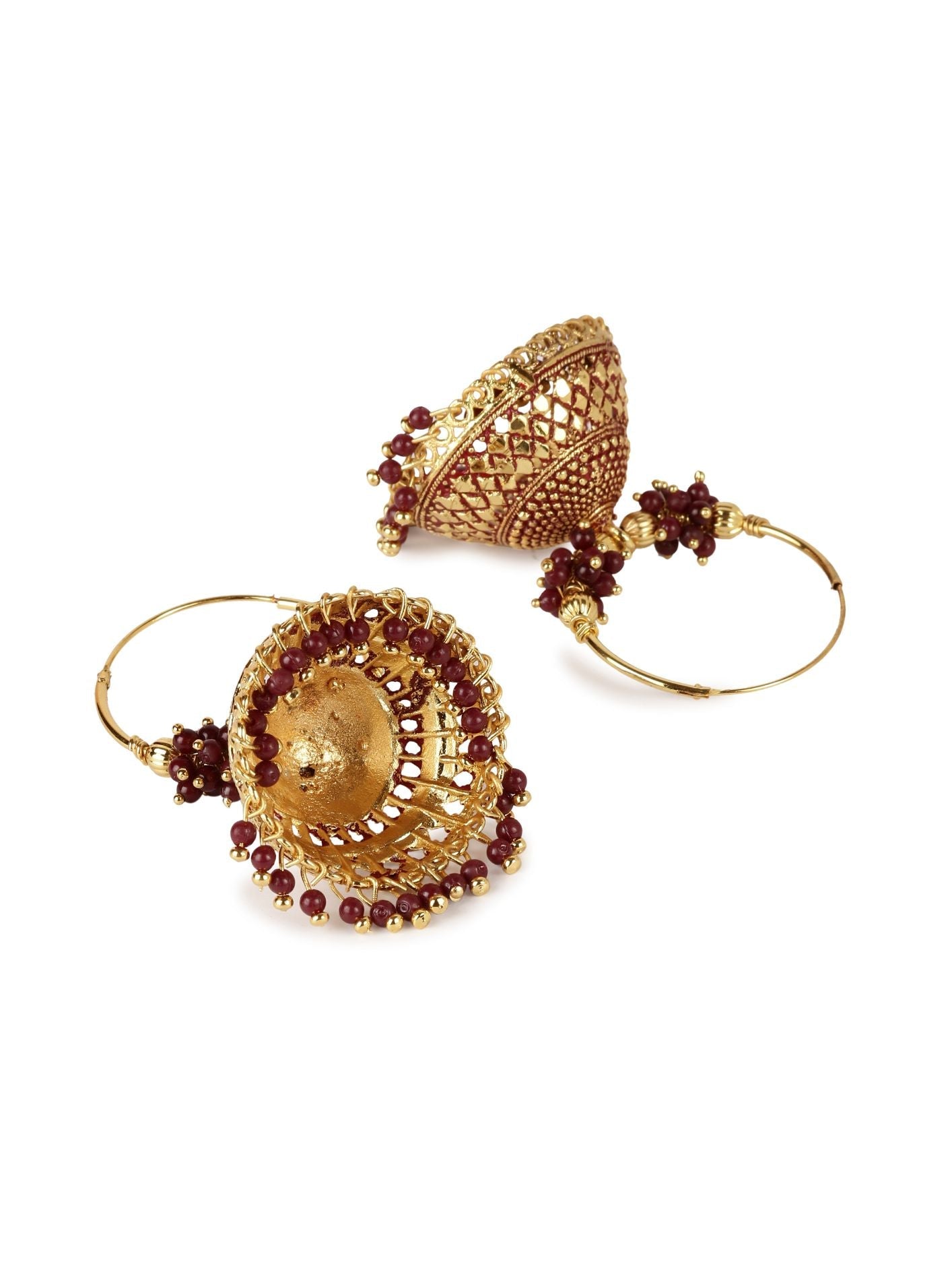 Women's Maroon & Gold-Plated Enamelled Dome Shaped Jhumkas