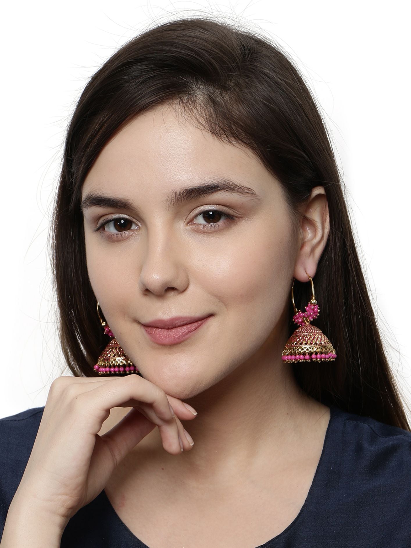 Women's Pink & Gold-Plated Enamelled Dome Shaped Jhumkas
