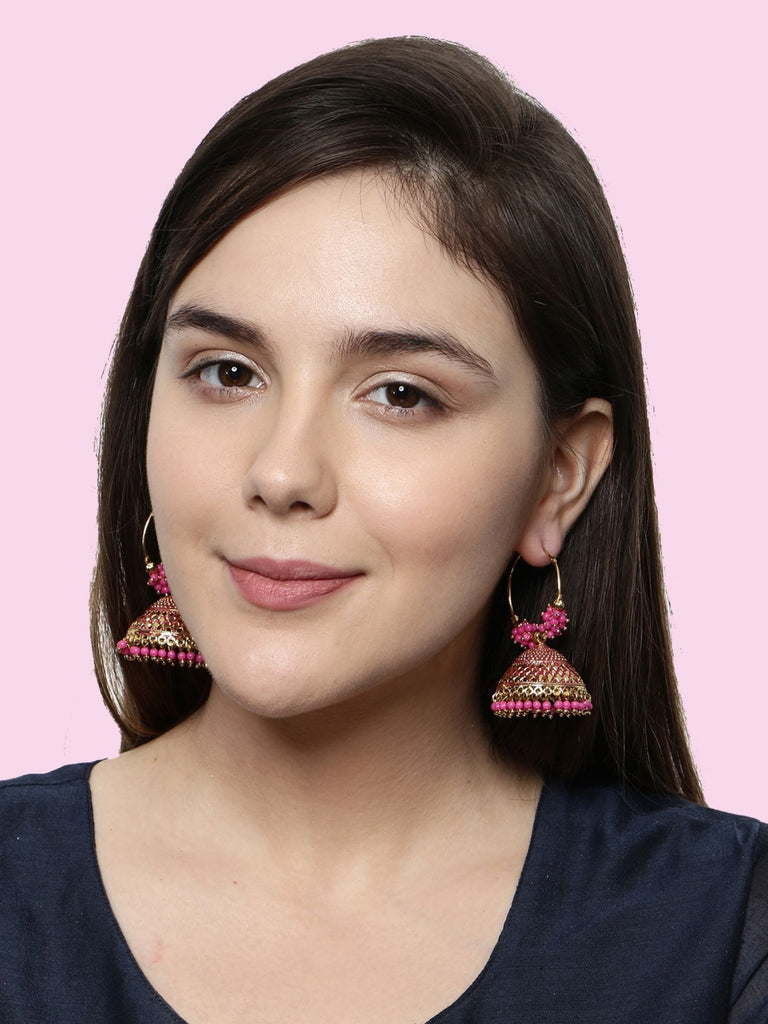 Women's Pink & Gold-Plated Enamelled Dome Shaped Jhumkas