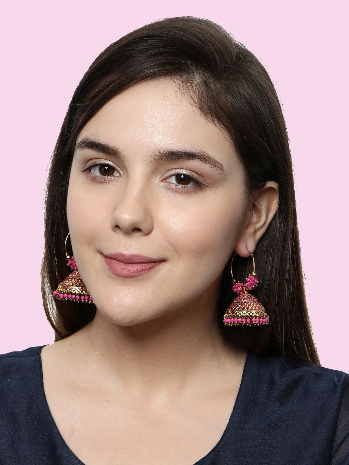 Women's Pink & Gold-Plated Enamelled Dome Shaped Jhumkas