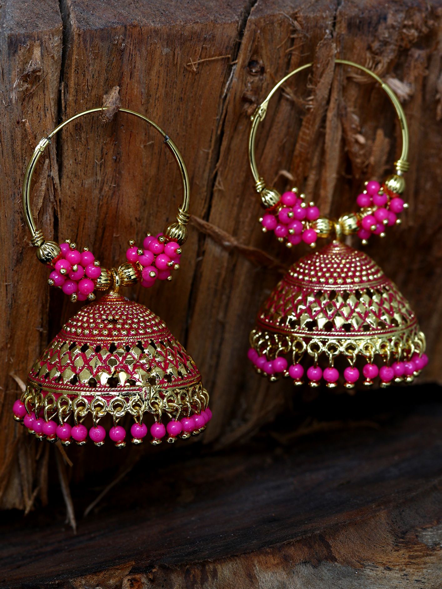 Women's Pink & Gold-Plated Enamelled Dome Shaped Jhumkas