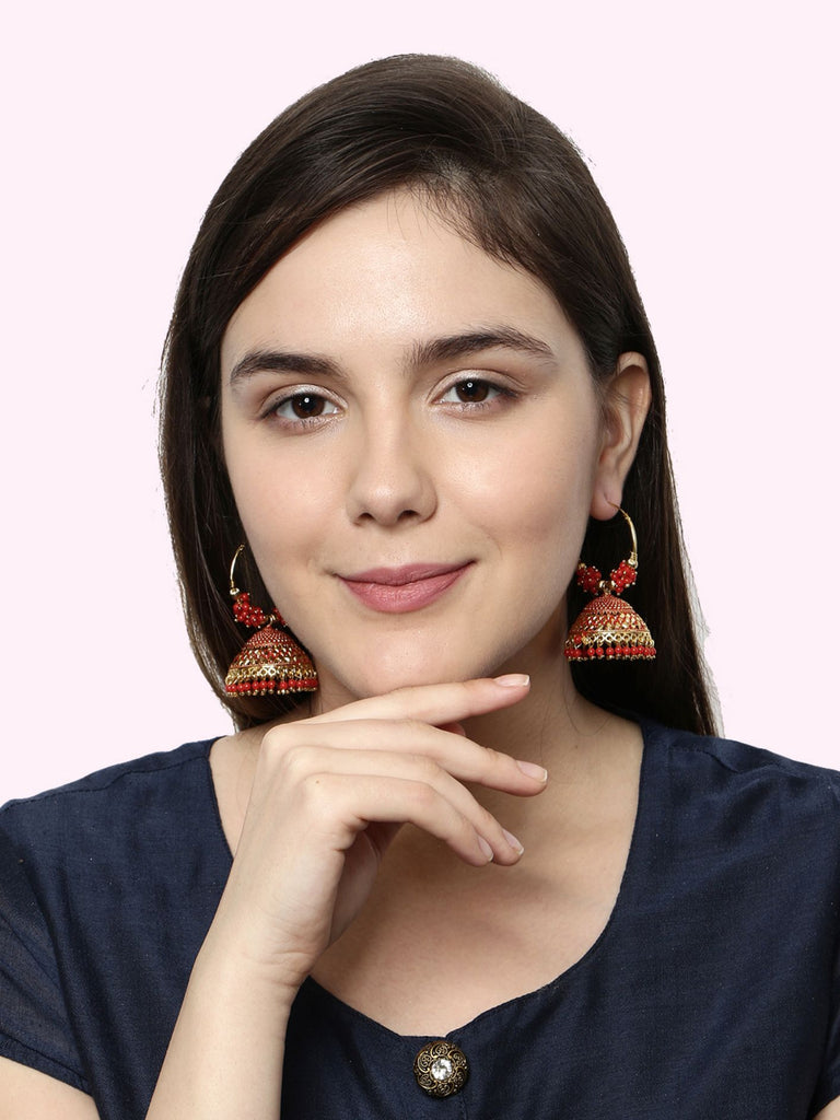 Women's Red & Gold-Plated Enamelled Dome Shaped Jhumkas