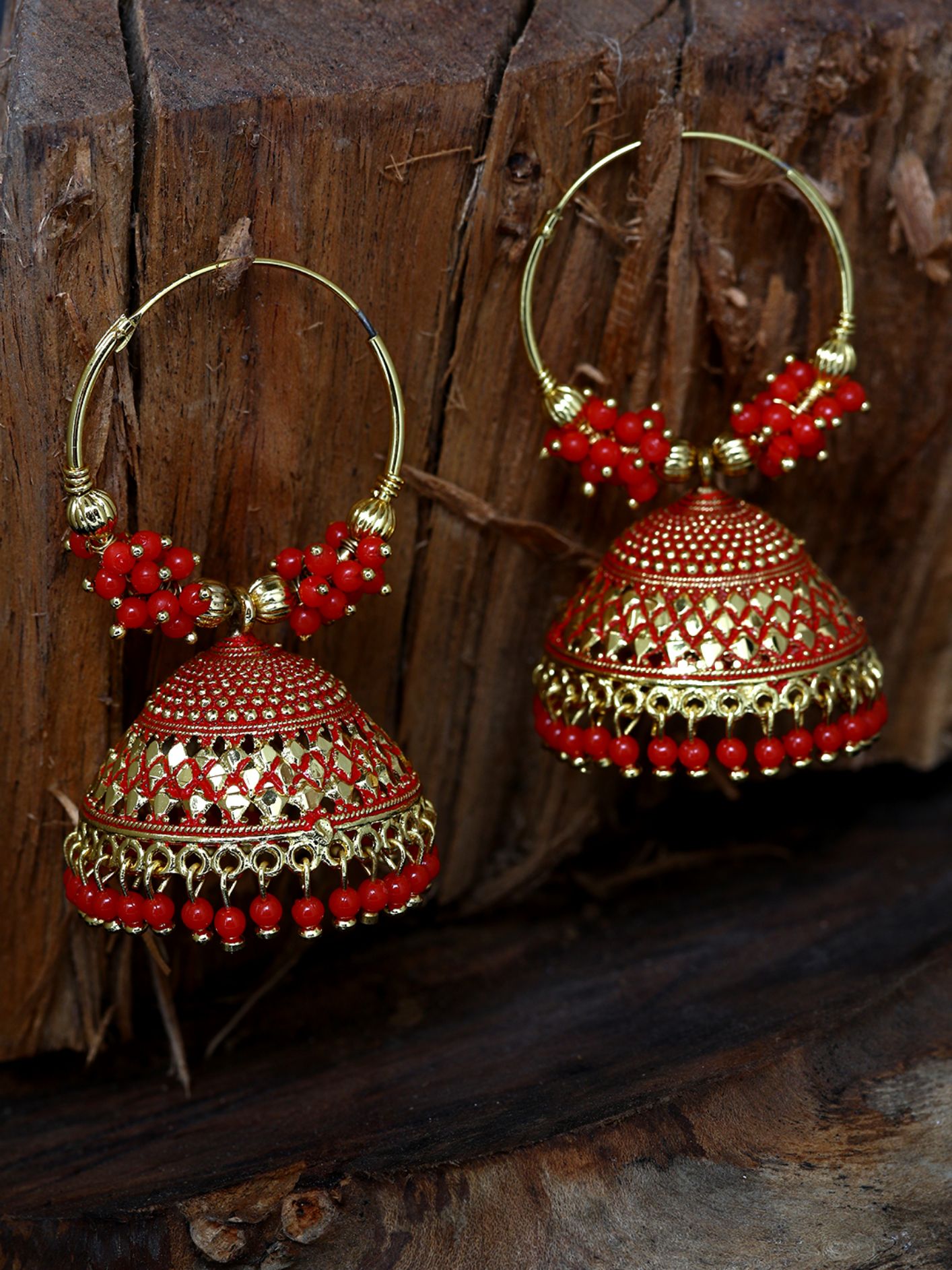 Women's Red & Gold-Plated Enamelled Dome Shaped Jhumkas