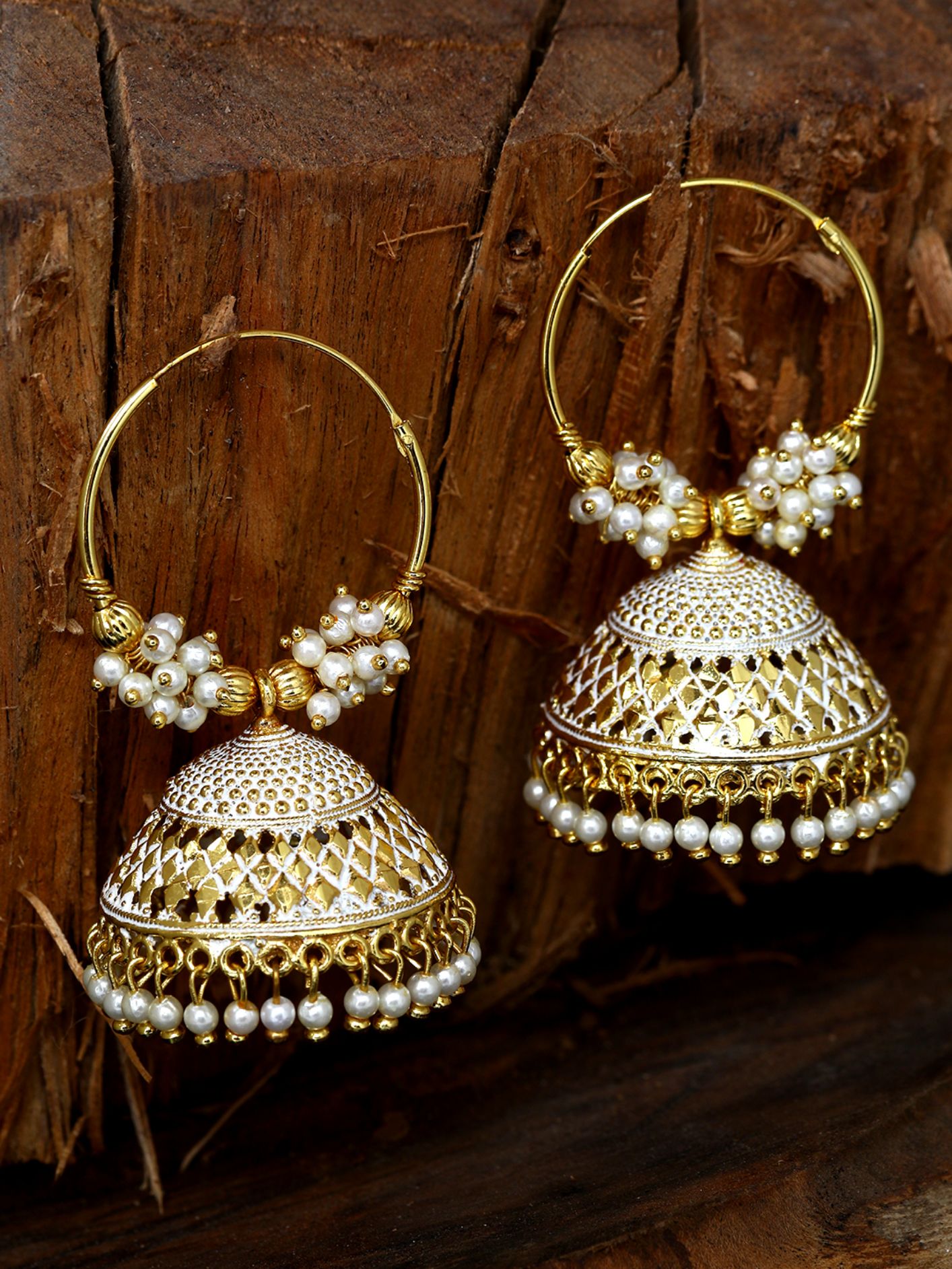 Women's White & Gold-Plated Enamelled Dome Shaped Jhumkas - Anikas Creation