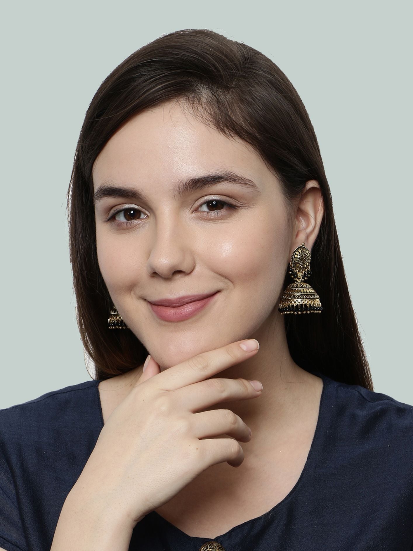 Women's Gold Plated & Black Enamelled Dome Shaped Jhumkas