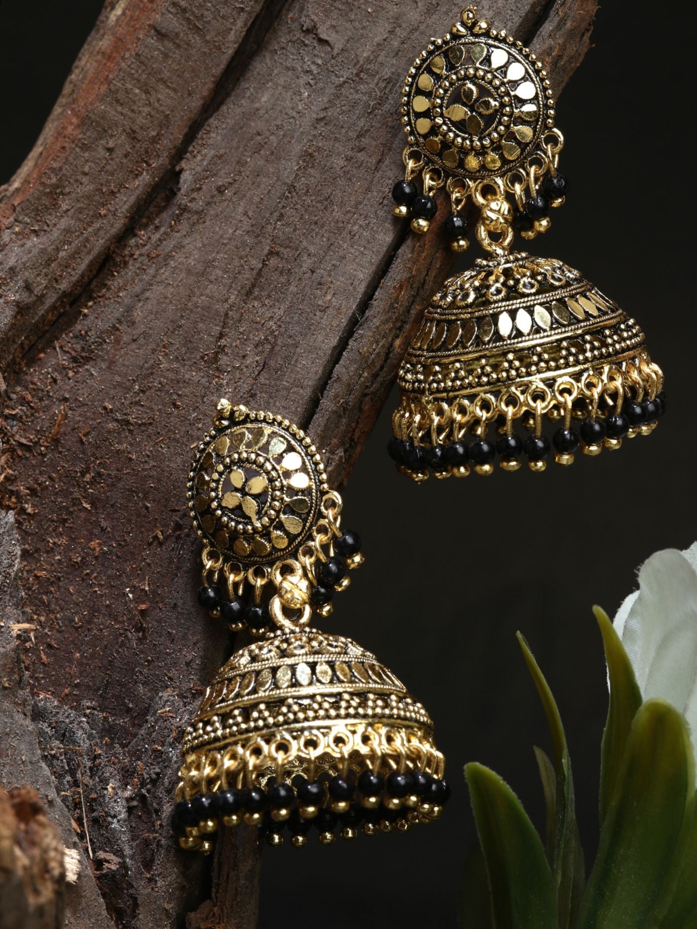 Women's Gold Plated & Black Enamelled Dome Shaped Jhumkas