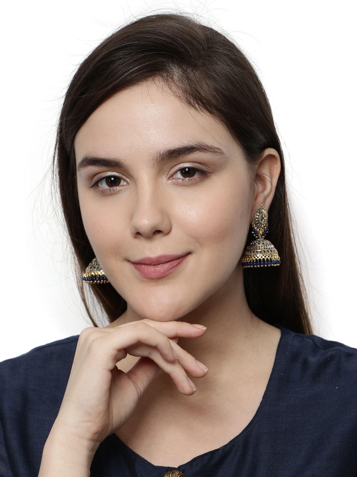 Women's Gold Plated & Blue Dome Shaped Enamelled Jhumkas