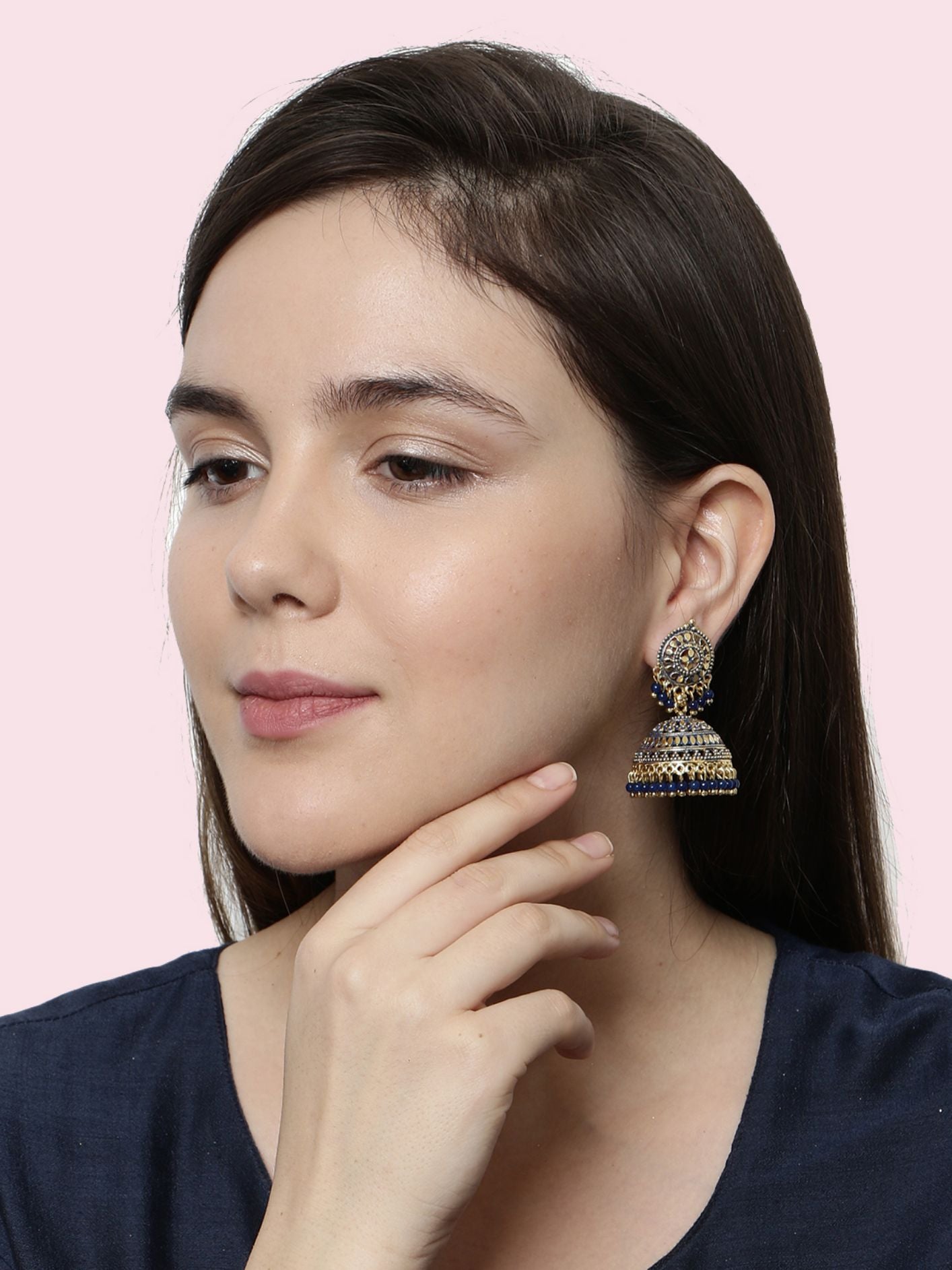 Women's Gold Plated & Blue Dome Shaped Enamelled Jhumkas