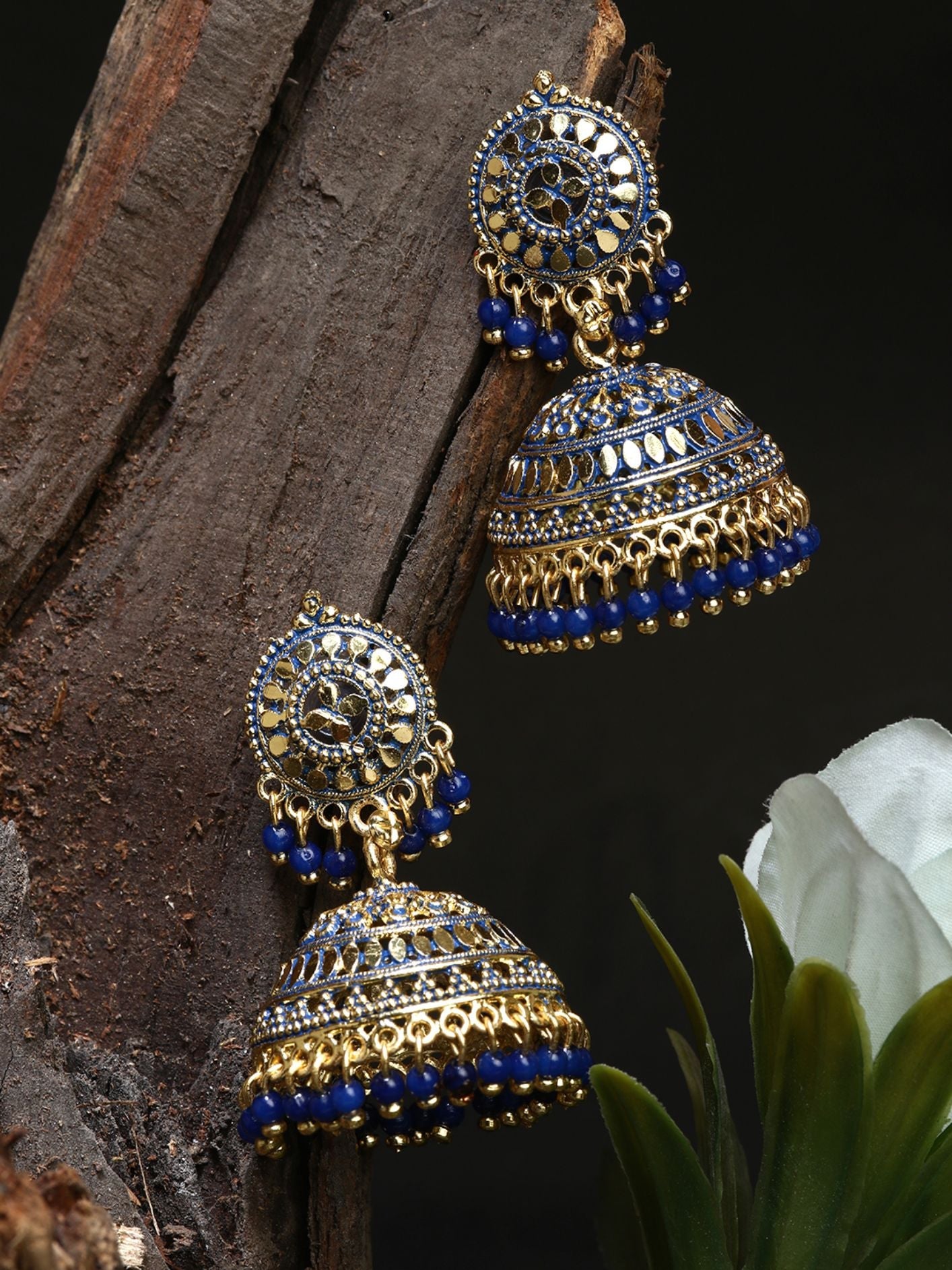 Women's Gold Plated & Blue Dome Shaped Enamelled Jhumkas