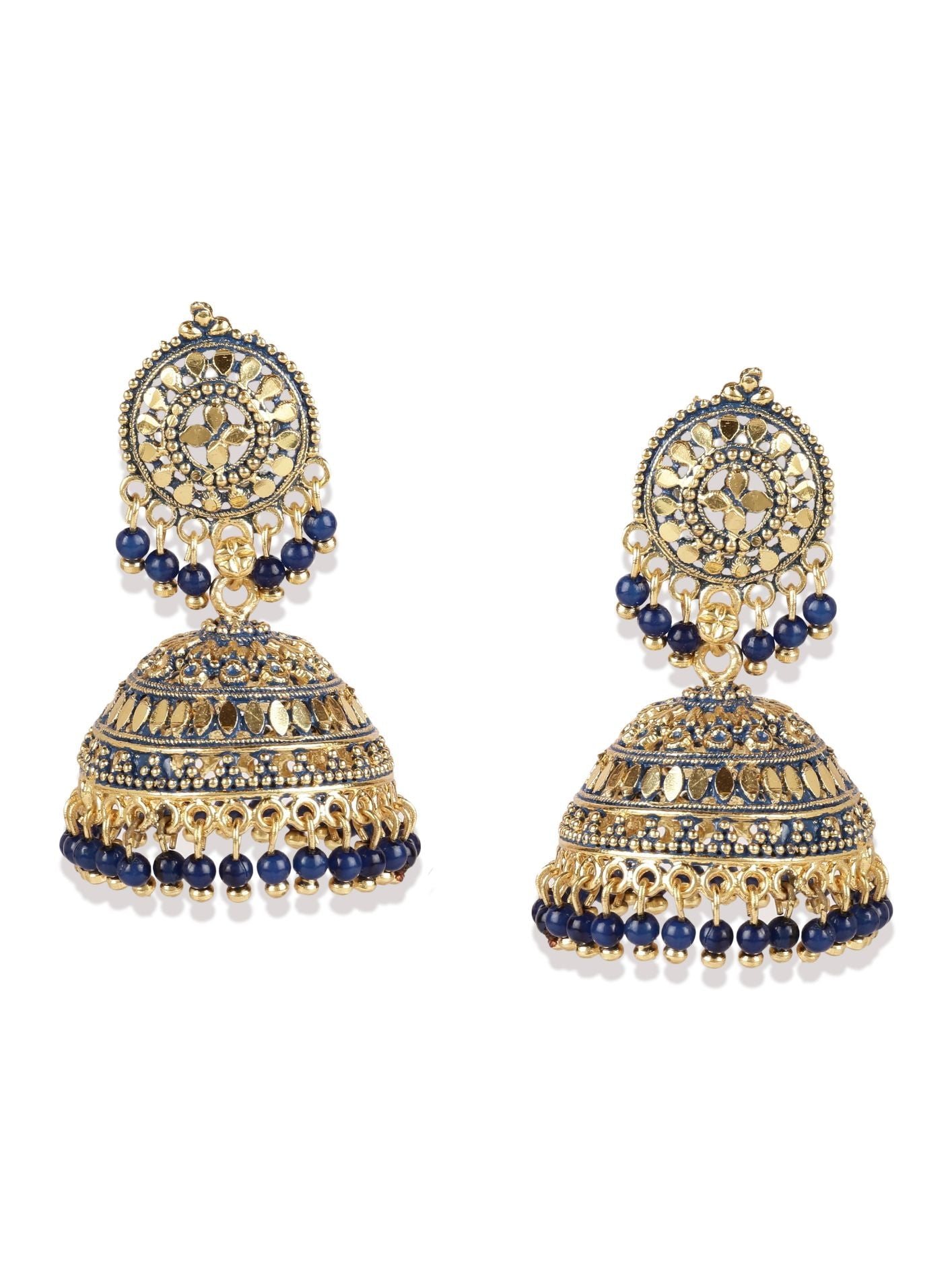 Women's Gold Plated & Blue Dome Shaped Enamelled Jhumkas
