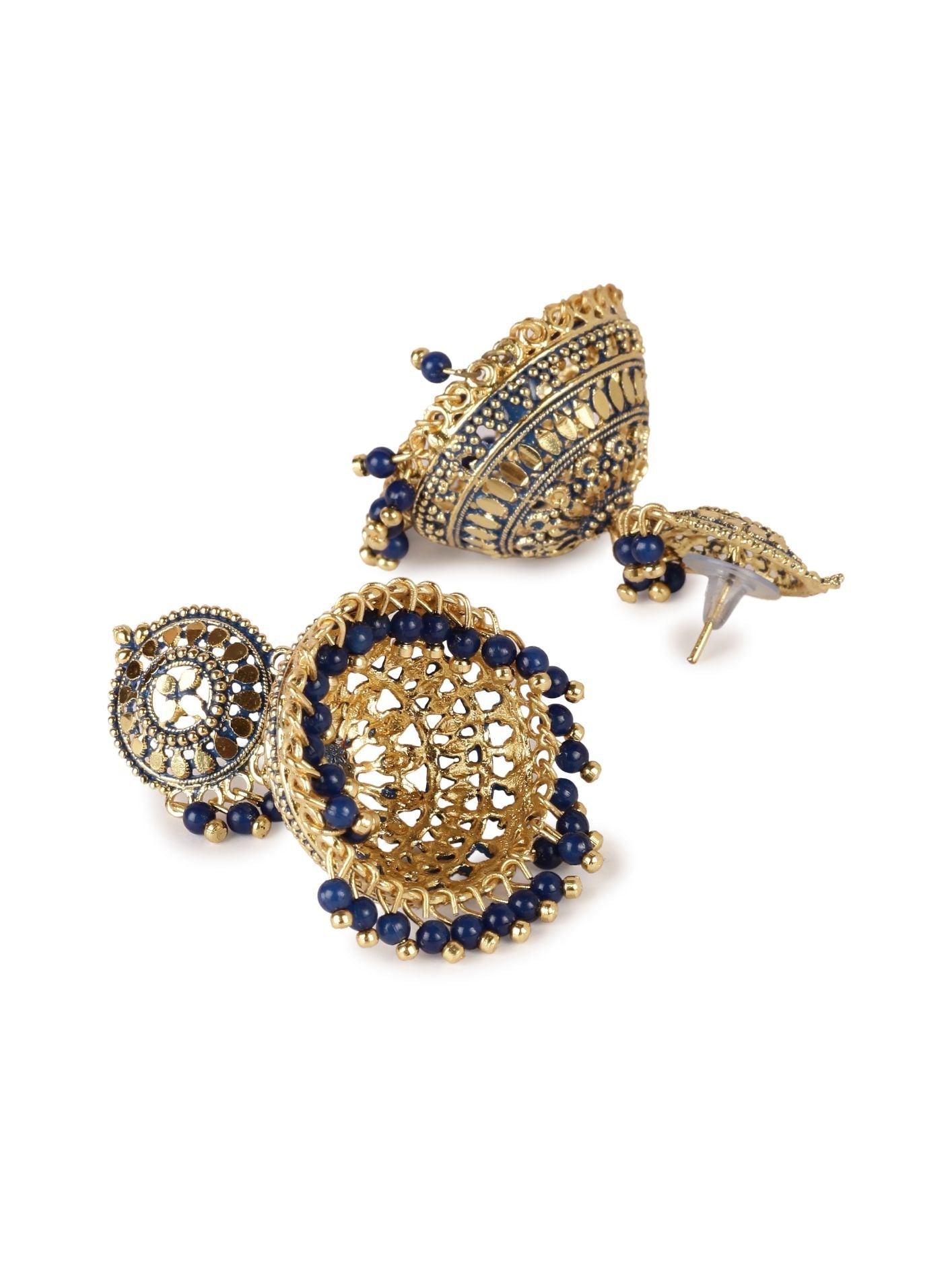 Women's Gold Plated & Blue Dome Shaped Enamelled Jhumkas