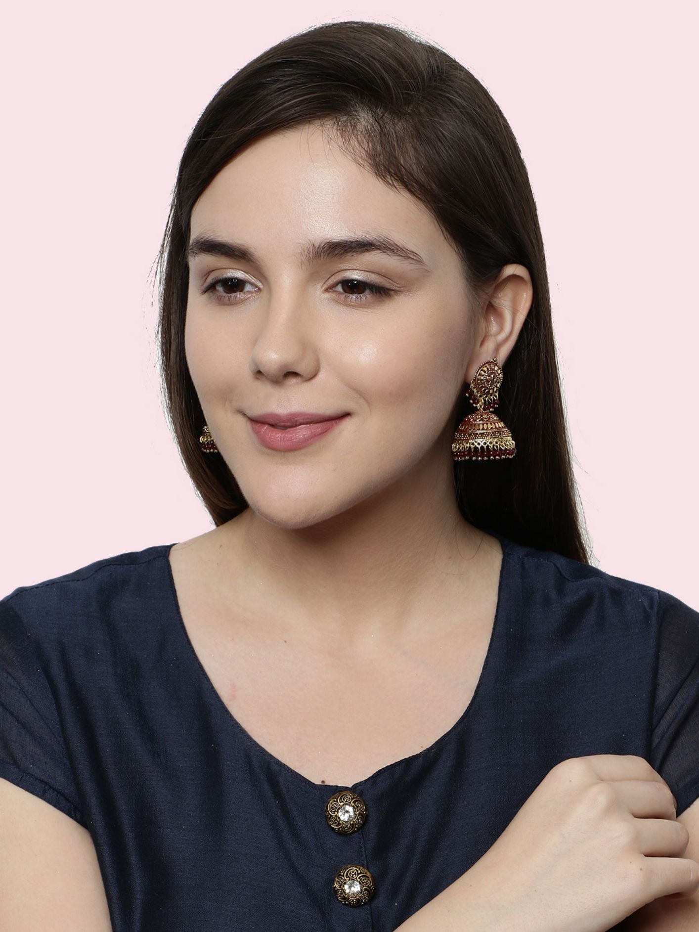 Women's Gold Plated & Maroon Dome Shaped Enamelled Jhumkas