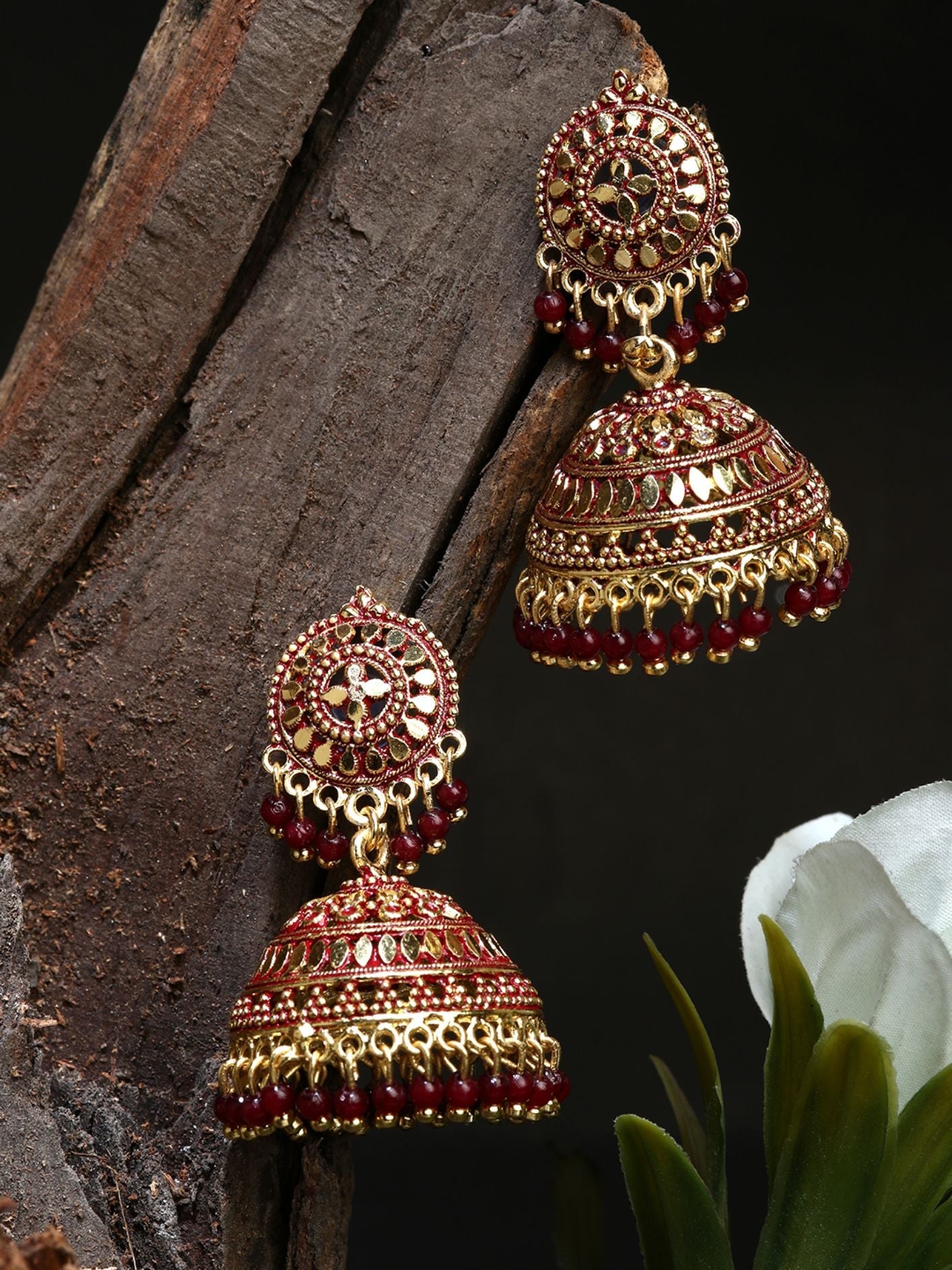 Women's Gold Plated & Maroon Dome Shaped Enamelled Jhumkas