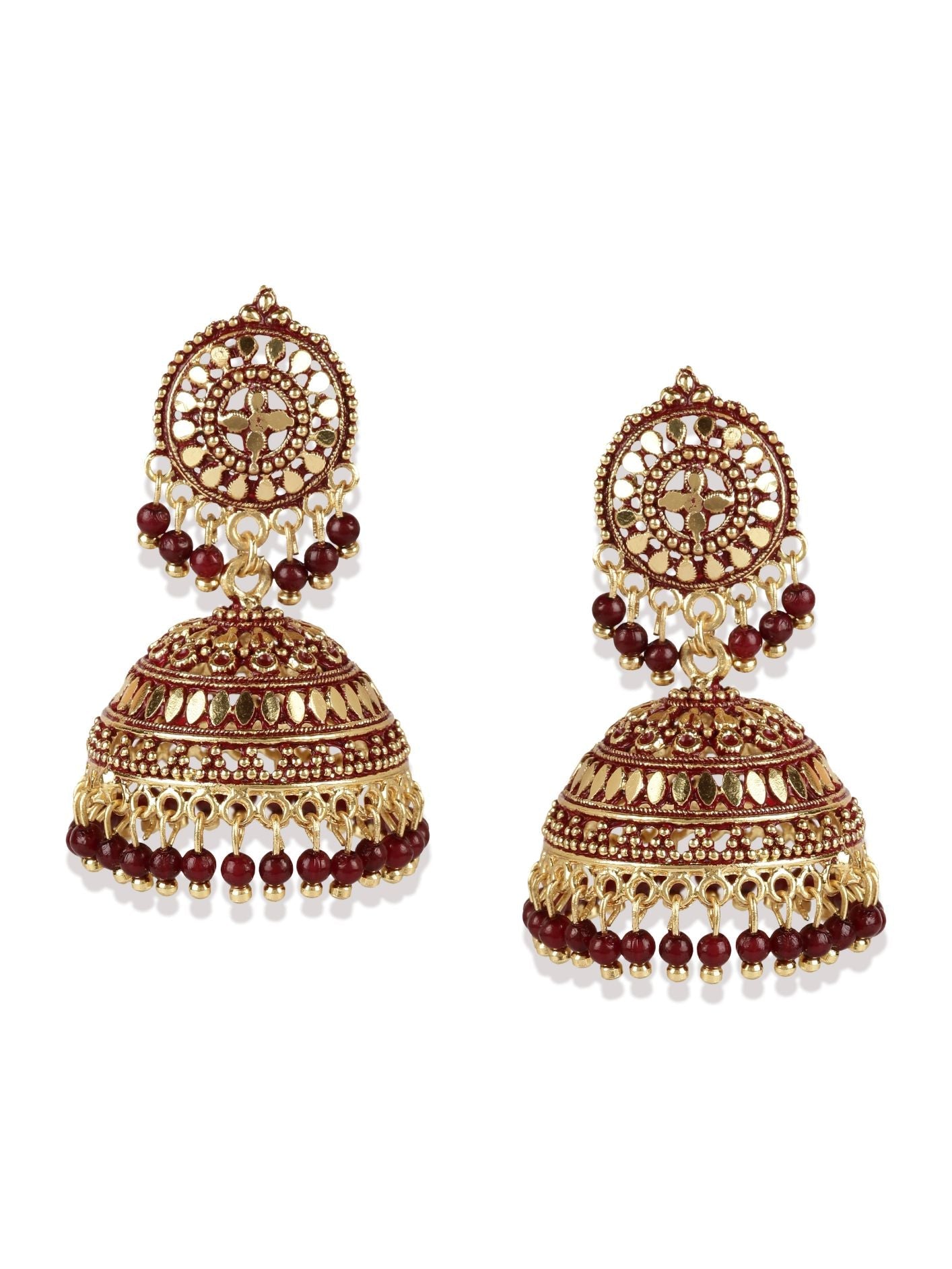 Women's Gold Plated & Maroon Dome Shaped Enamelled Jhumkas