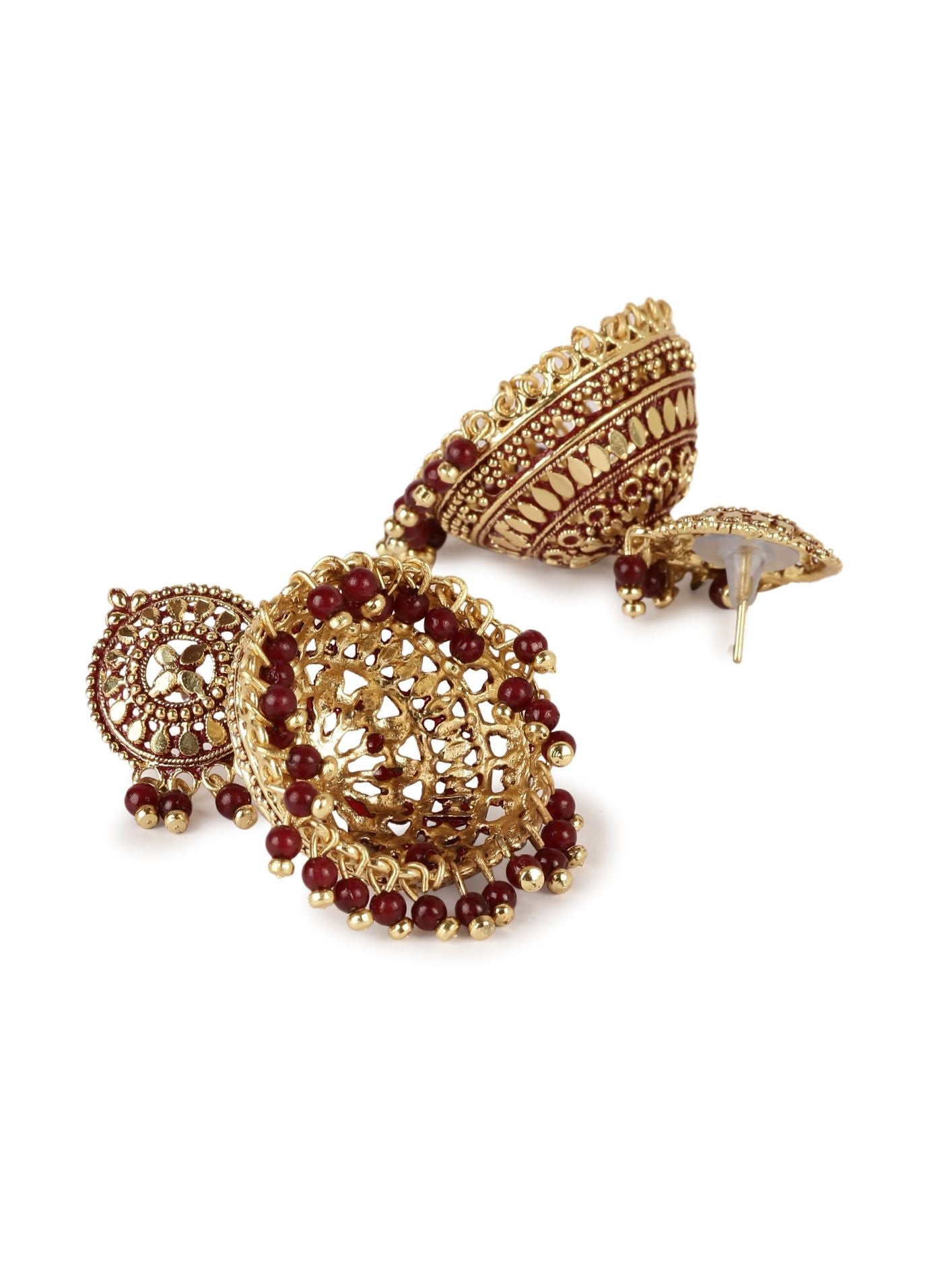 Women's Gold Plated & Maroon Dome Shaped Enamelled Jhumkas