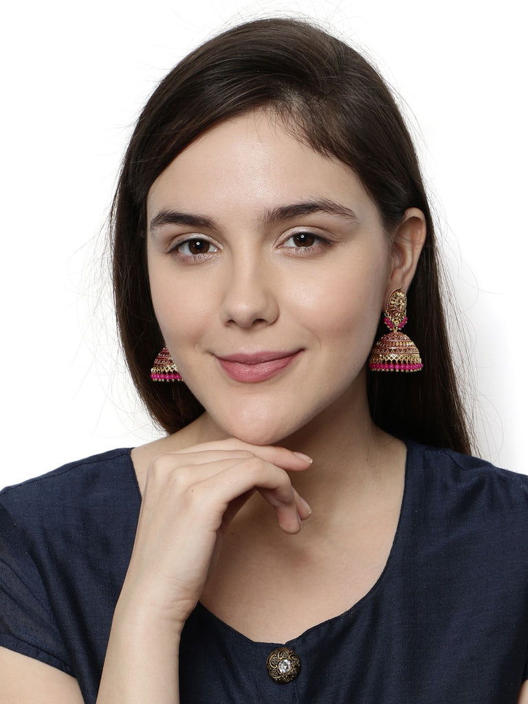 Women's Gold Plated Pink Dome Shaped Enamelled Jhumkas