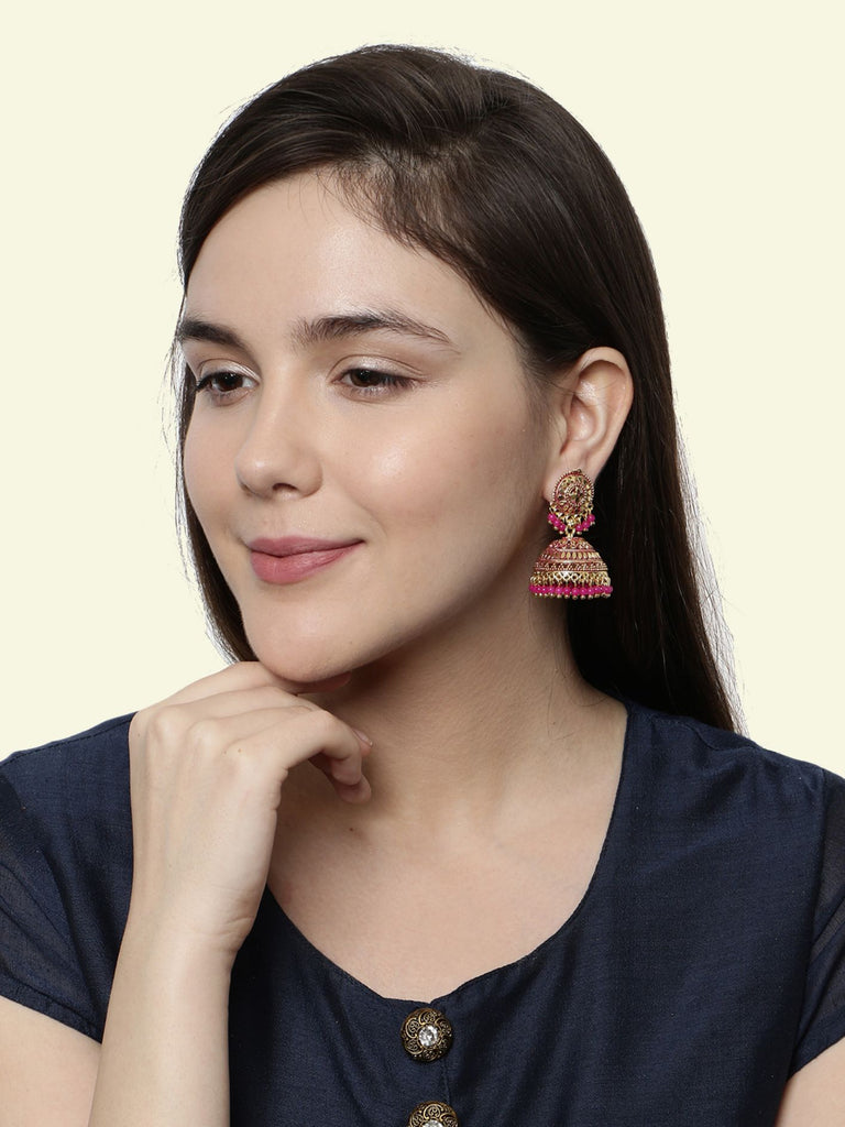 Women's Gold Plated Pink Dome Shaped Enamelled Jhumkas