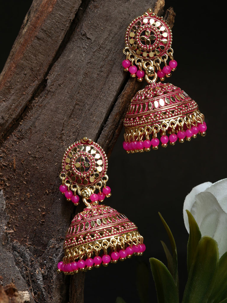 Women's Gold Plated Pink Dome Shaped Enamelled Jhumkas