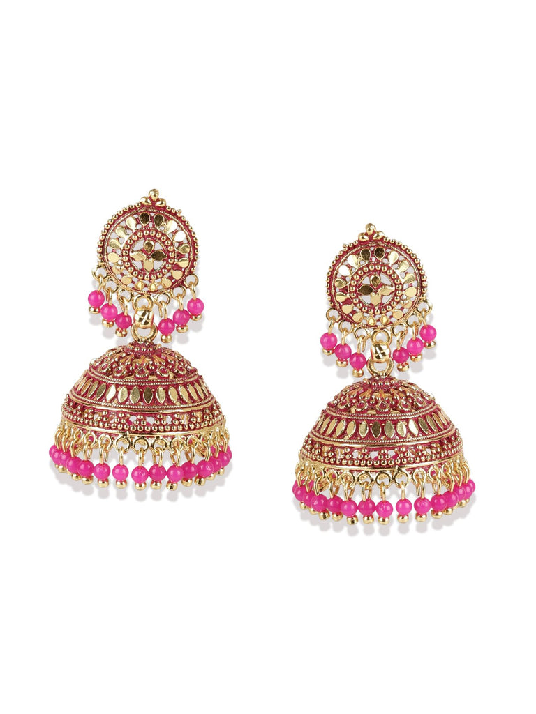 Women's Gold Plated Pink Dome Shaped Enamelled Jhumkas