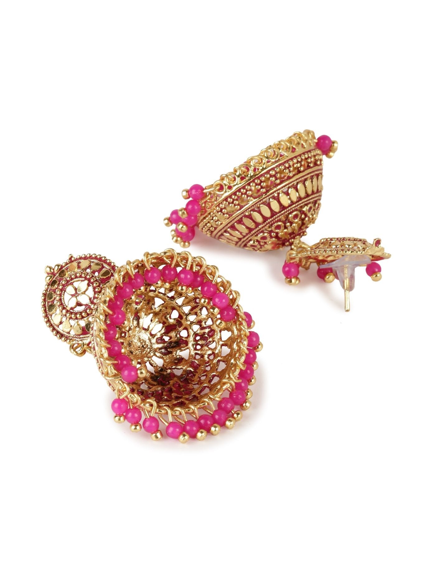 Women's Gold Plated Pink Dome Shaped Enamelled Jhumkas