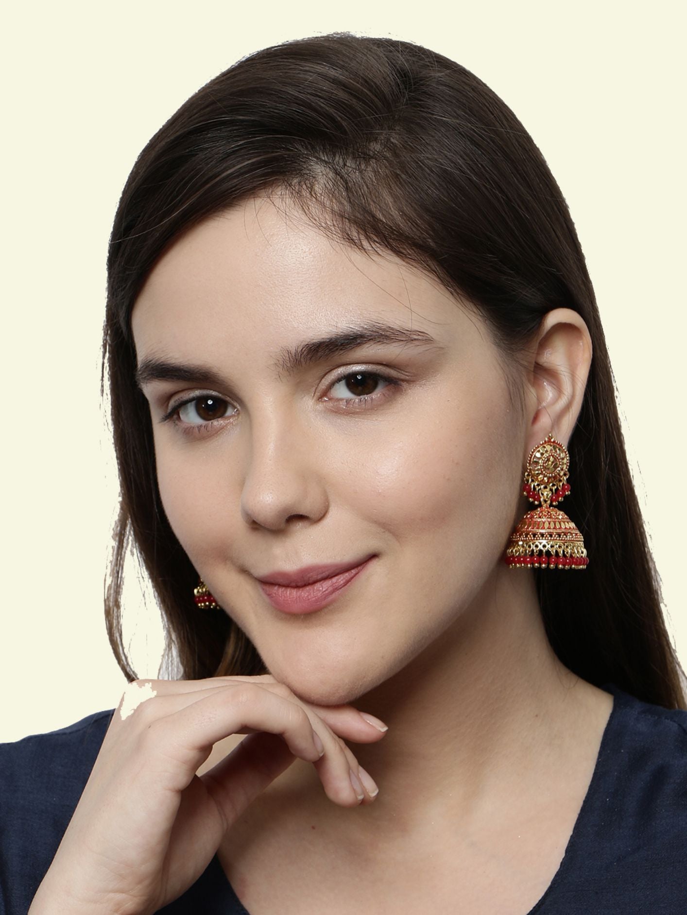 Women's Gold Plated & Red Enamelled Dome Shaped Jhumkas - Anikas Creation