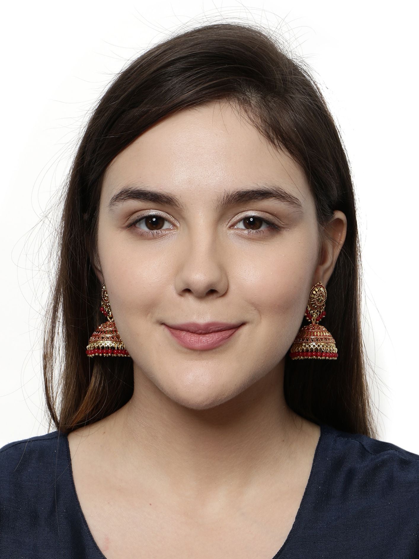 Women's Gold Plated & Red Enamelled Dome Shaped Jhumkas