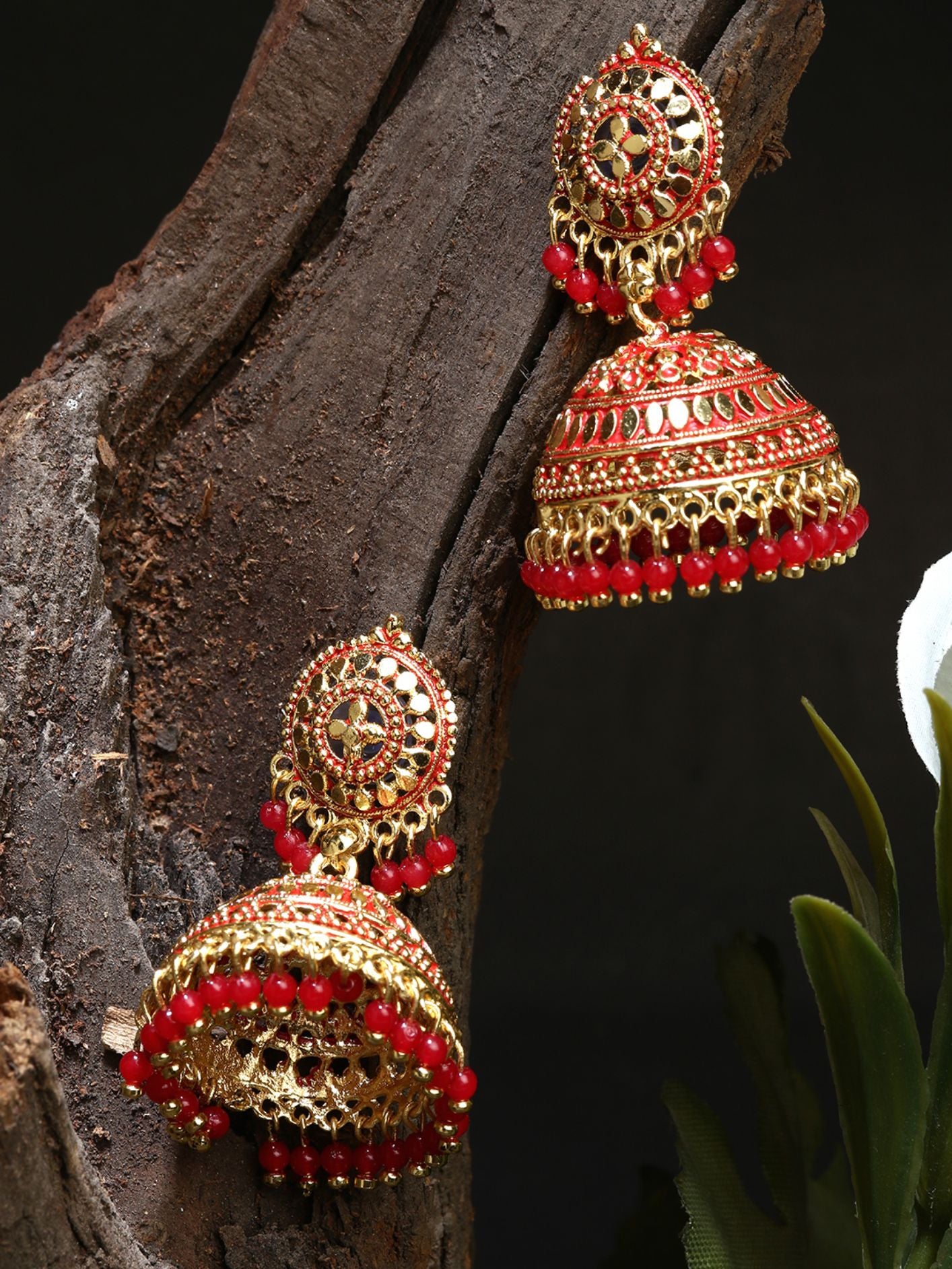 Women's Gold Plated & Red Enamelled Dome Shaped Jhumkas - Anikas Creation