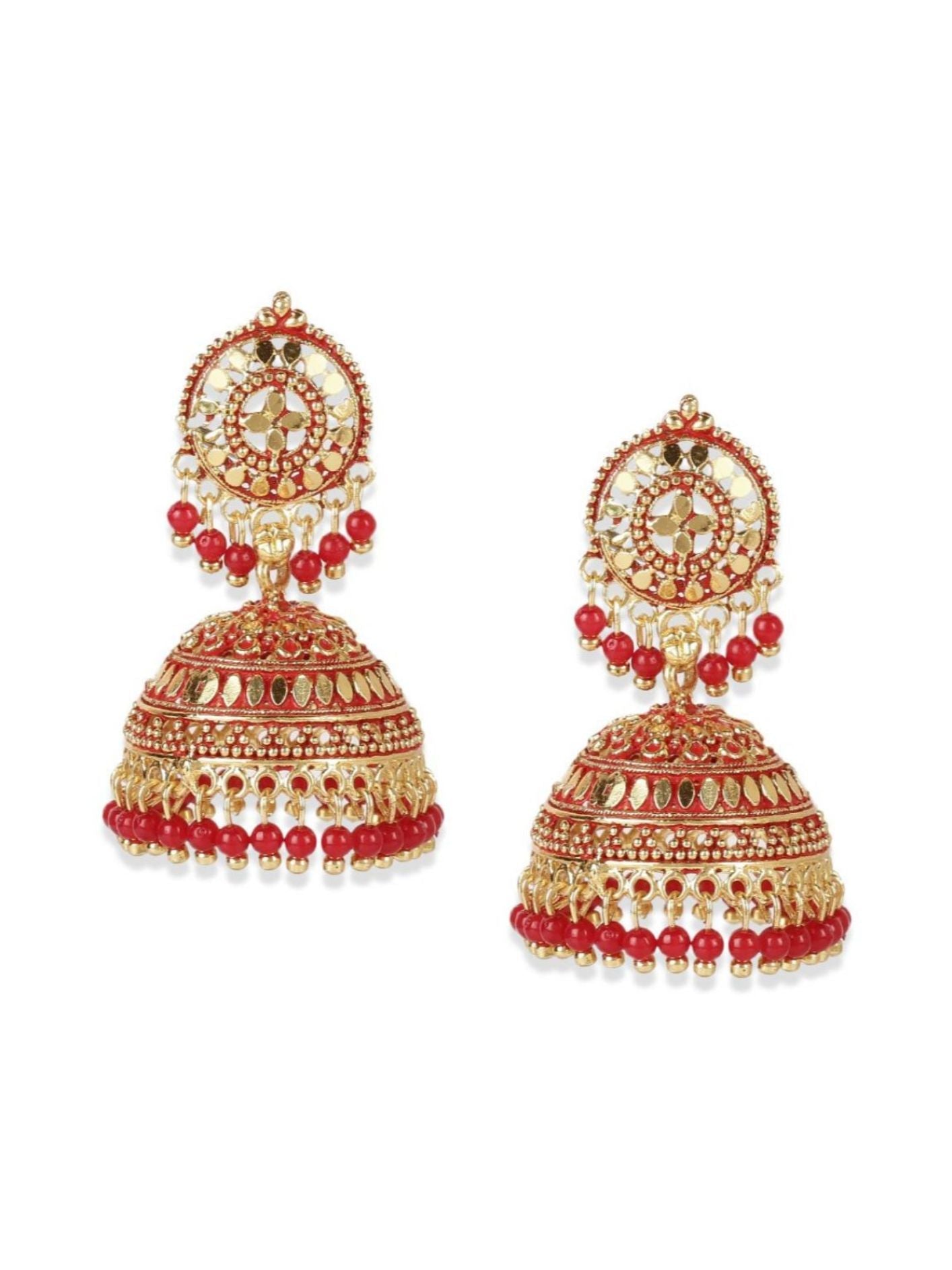 Women's Gold Plated & Red Enamelled Dome Shaped Jhumkas