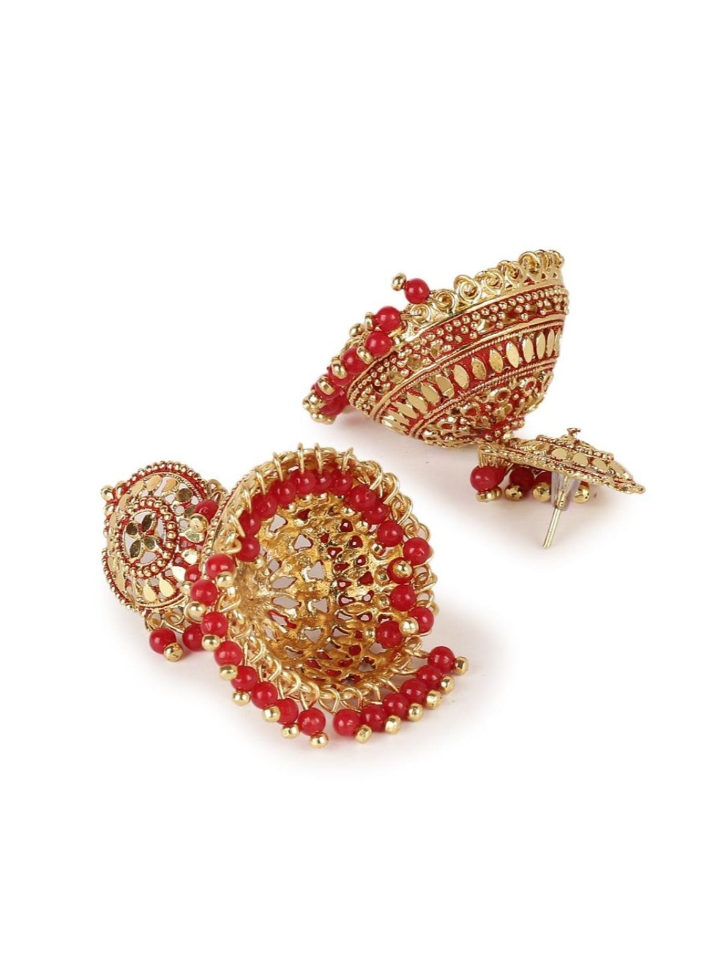 Women's Gold Plated & Red Enamelled Dome Shaped Jhumkas