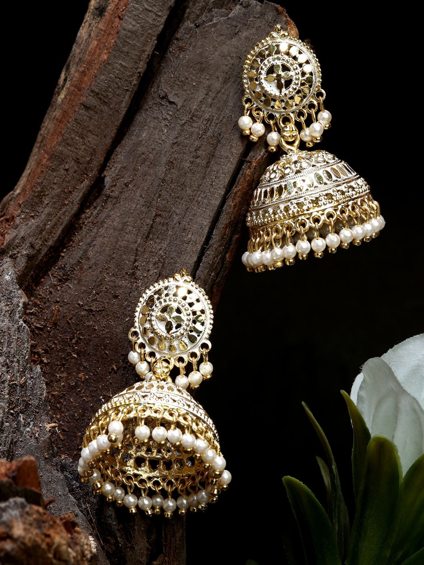 Women's Gold Plated & White Enamelled Dome Shaped Jhumkas