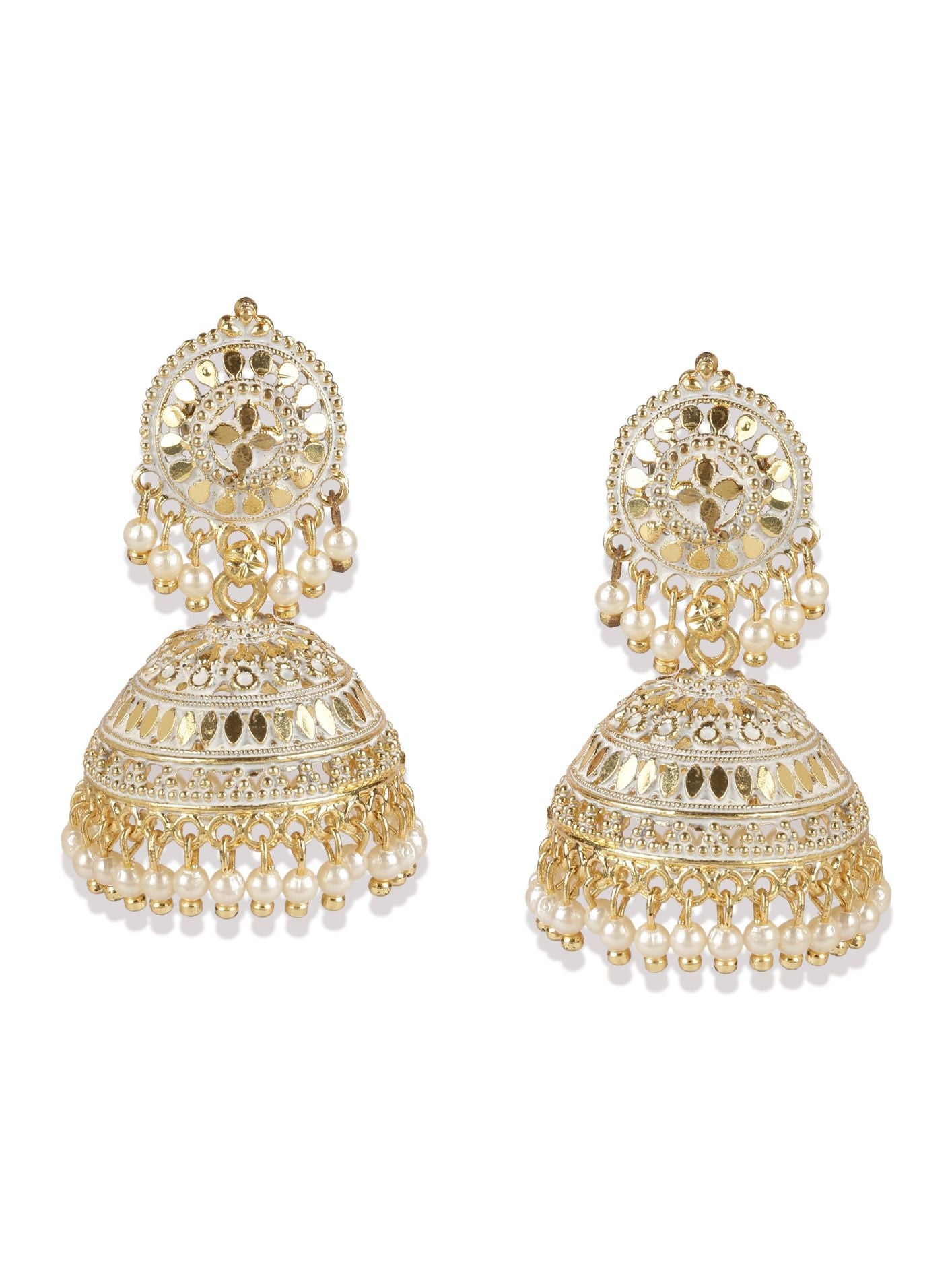 Women's Gold Plated & White Enamelled Dome Shaped Jhumkas - Anikas Creation