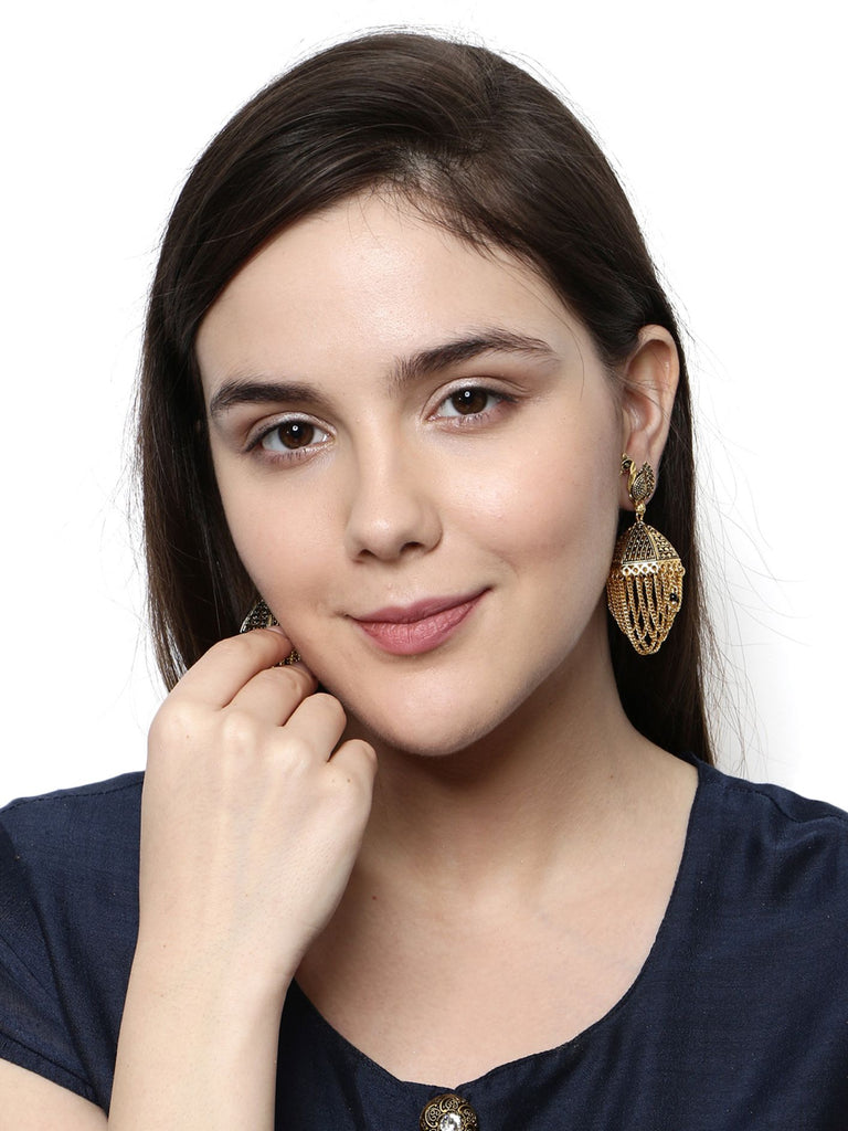 Women's Gold Plated & Black Enamelled Peacock Shaped Jhumkas