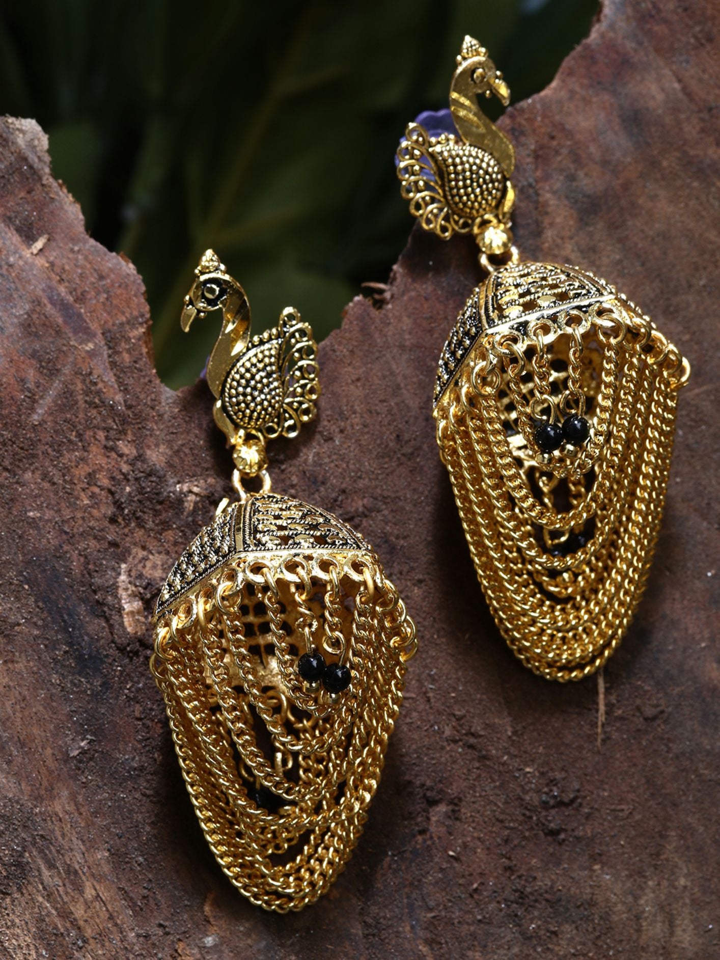 Women's Gold Plated & Black Enamelled Peacock Shaped Jhumkas - Anikas Creation