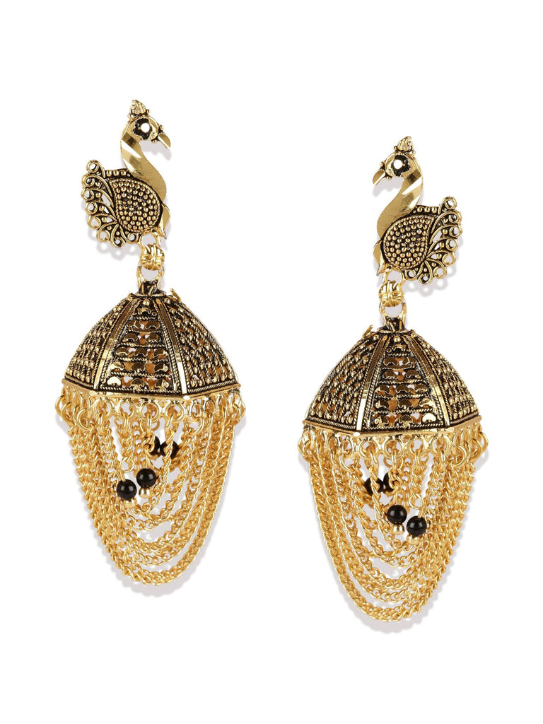 Women's Gold Plated & Black Enamelled Peacock Shaped Jhumkas